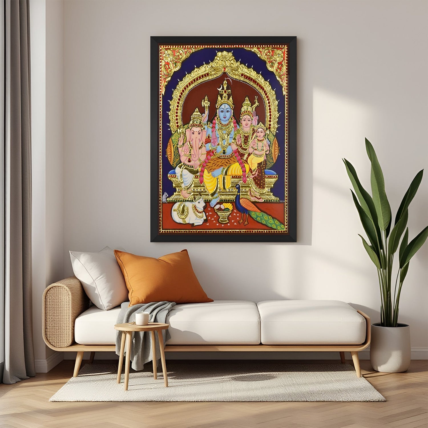 Shiv Parivar canvas painting in black frame – traditional Tanjore artwork for sacred and ethnic wall decoration