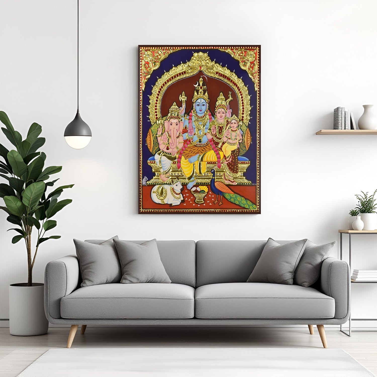 Tanjore style canvas painting of Shiv Parivar – divine Indian wall art for pooja room and spiritual home decor