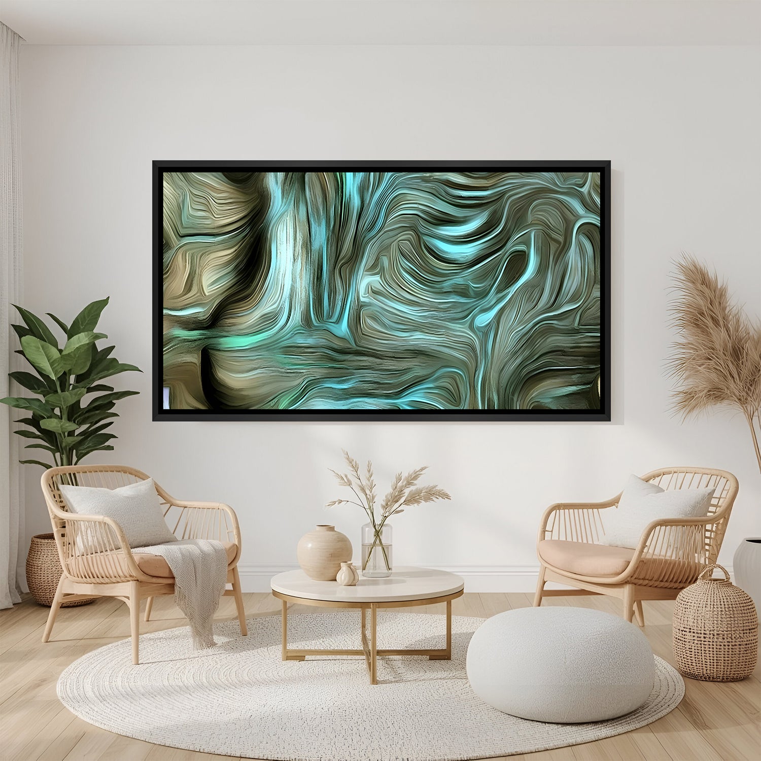 Abstract teal canvas wall art with flowing marble texture in black floater frame above sofa in contemporary living room decor
