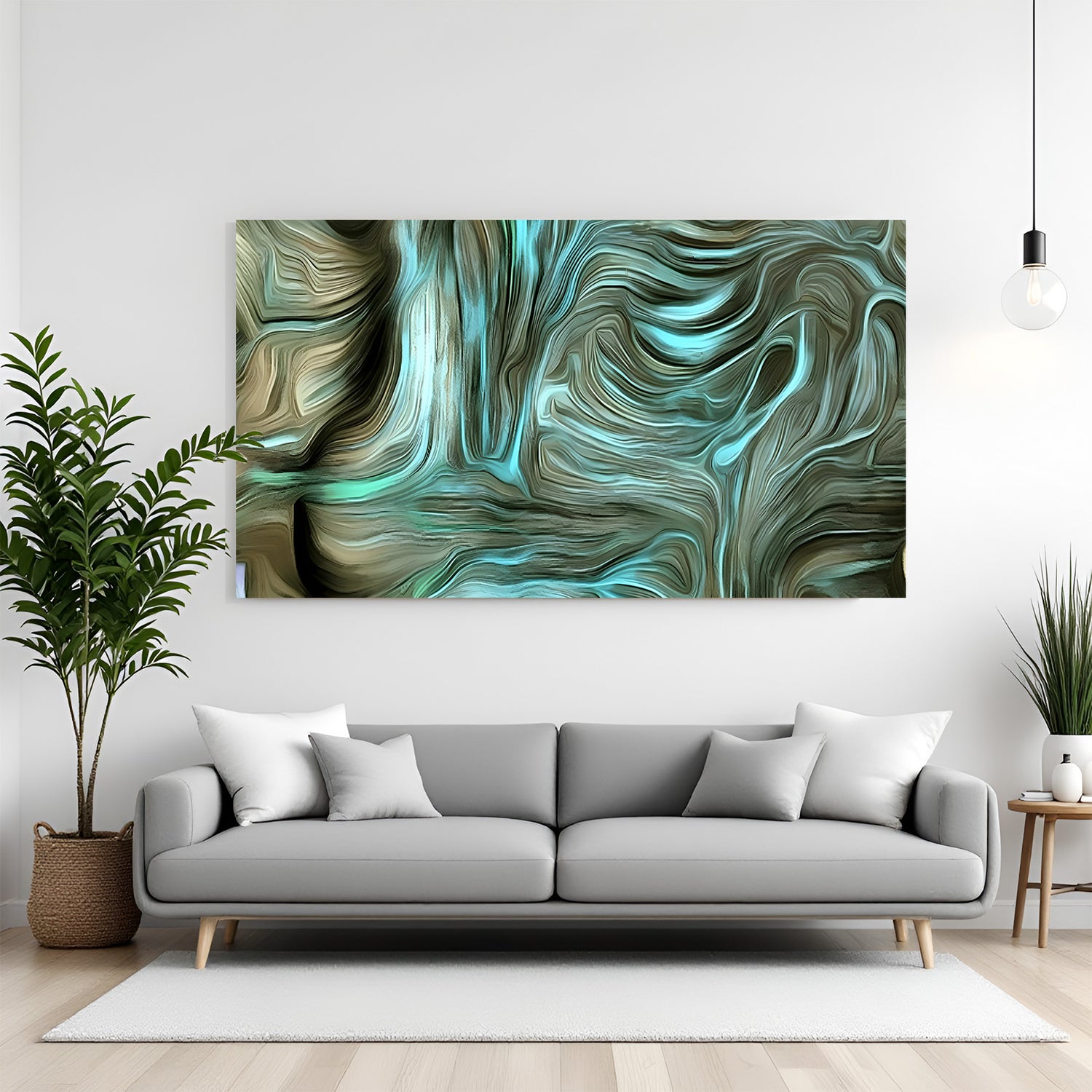 Teal abstract canvas wall art with fluid marble texture in green and beige tones displayed above sofa in modern living room canvas wrap decor