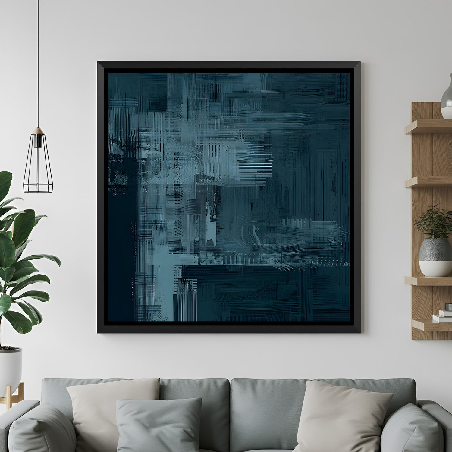 Modern dark teal abstract painting in black floater frame