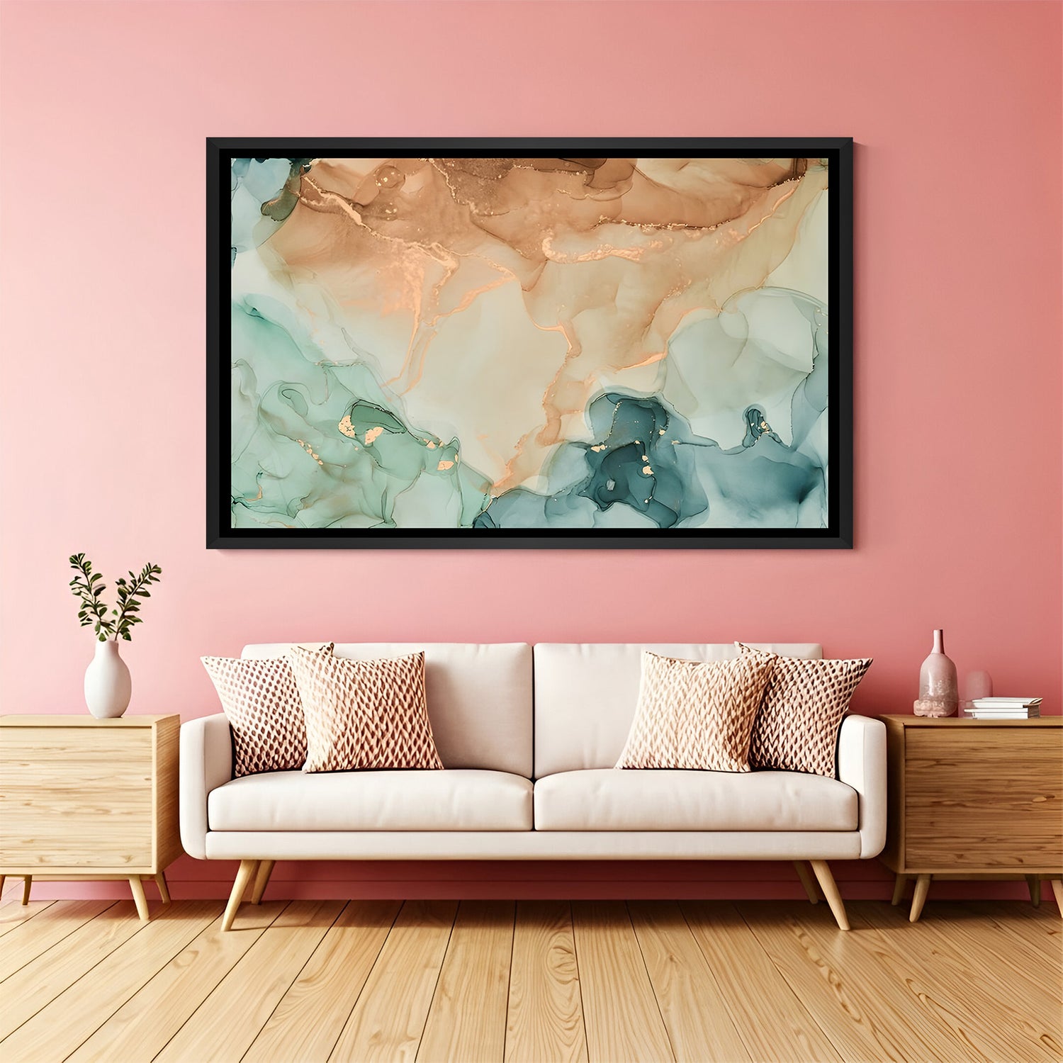Elegant teal and peach fluid abstract painting in black frame for contemporary home interiors