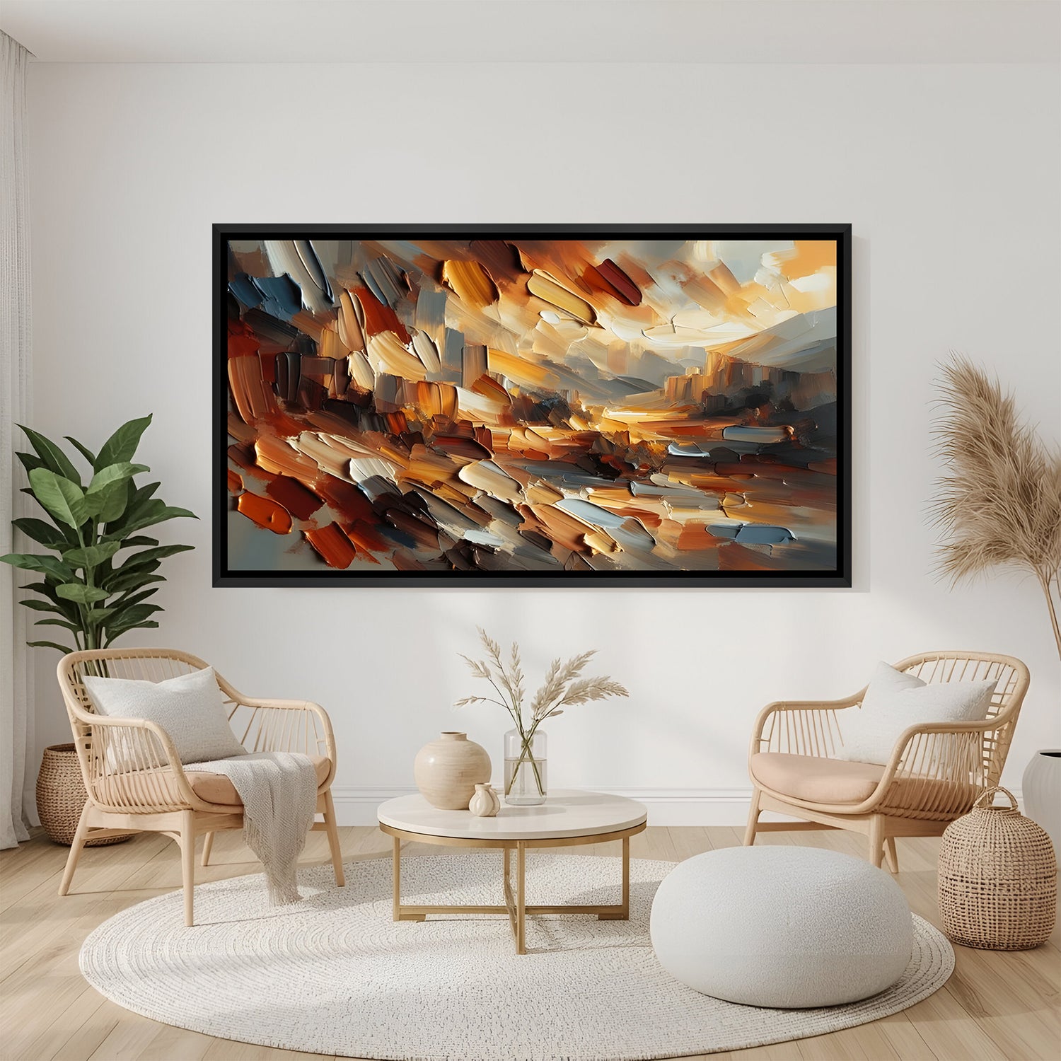 Abstract earth tone canvas wall art with textured brush strokes in black floater frame above sofa in contemporary living room decor