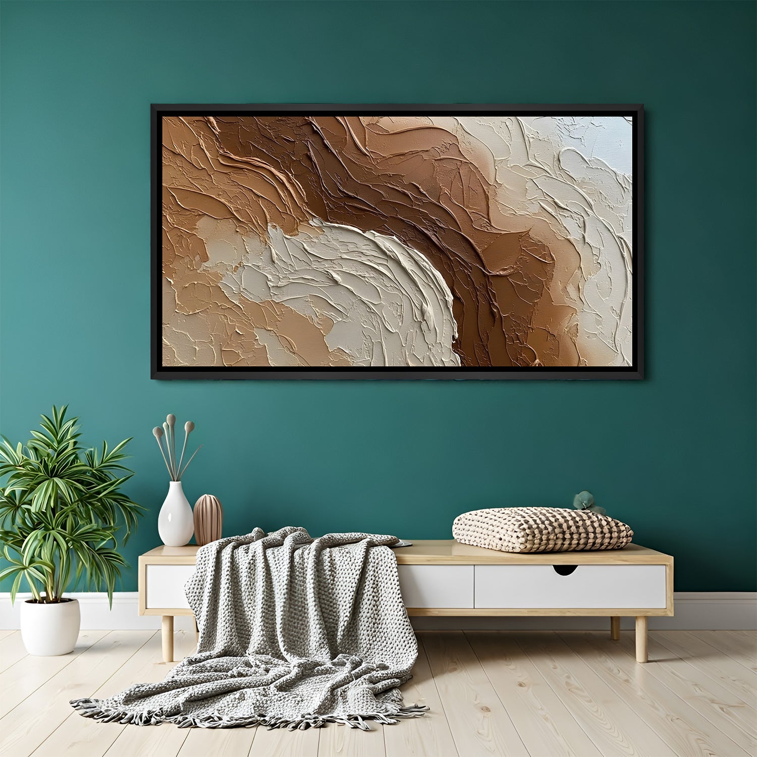 Earth tone abstract textured canvas wall art in brown and beige with black floater frame above sofa in contemporary living room decor