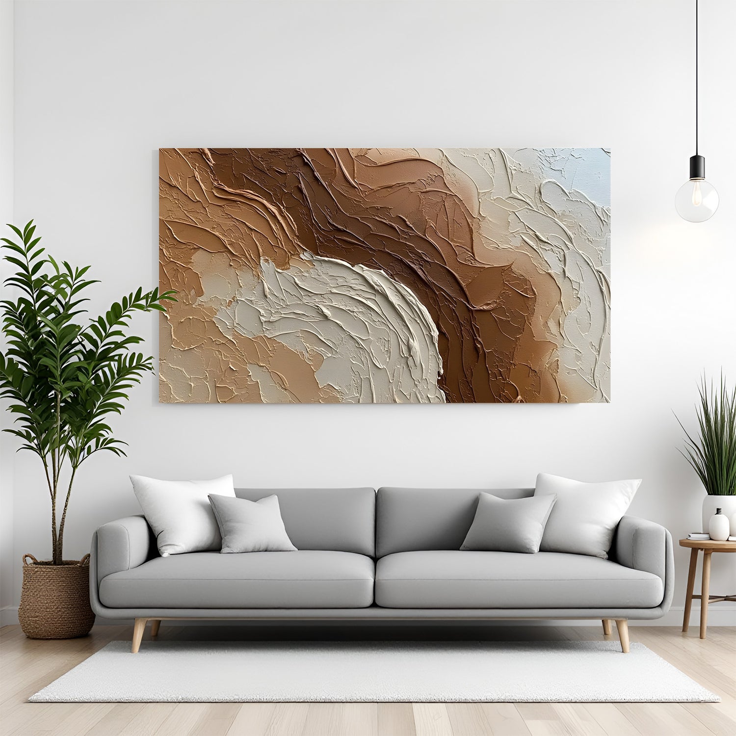 Textured neutral abstract canvas wall art in brown, beige, and white tones with palette knife effect displayed above sofa in modern living room canvas wrap decor