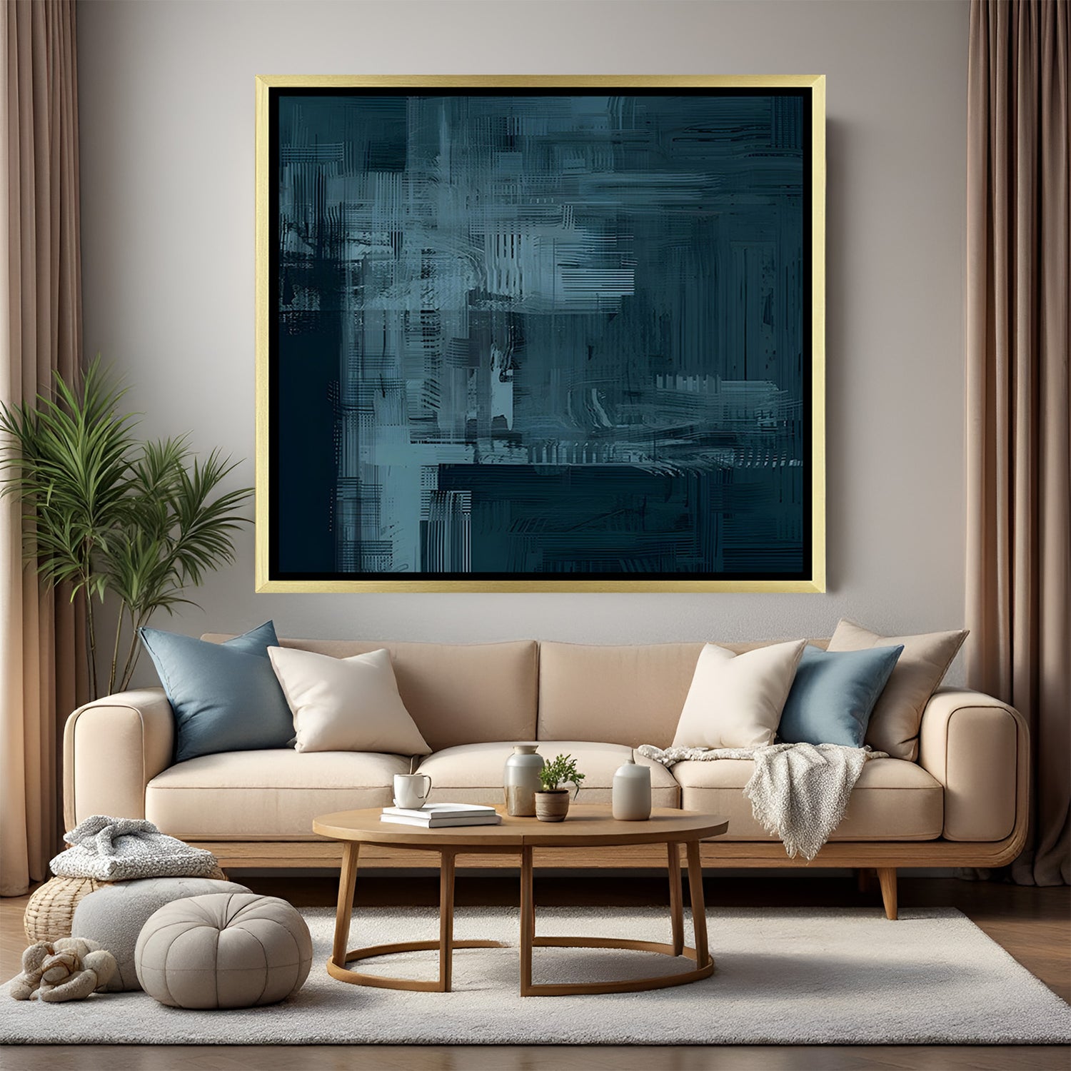 Abstract dark teal textured canvas art with golden frame