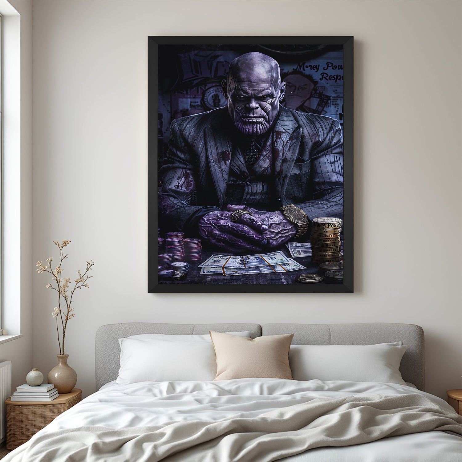 Framed modern art canvas of Thanos in mafia look with money on the table, bold superhero decor for stylish interiors