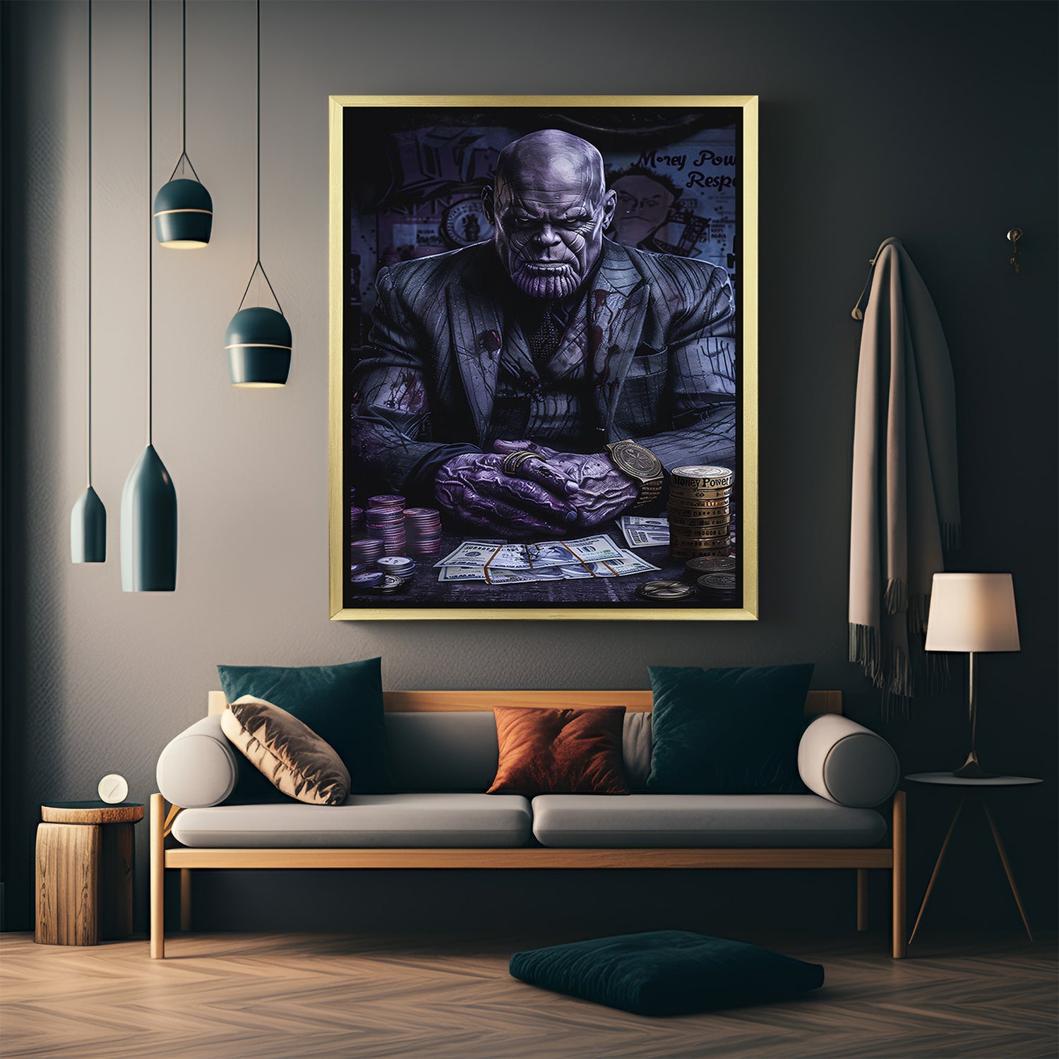 Golden frame canvas of gangster Thanos surrounded by money, a fusion of villain power and urban luxury in modern art style