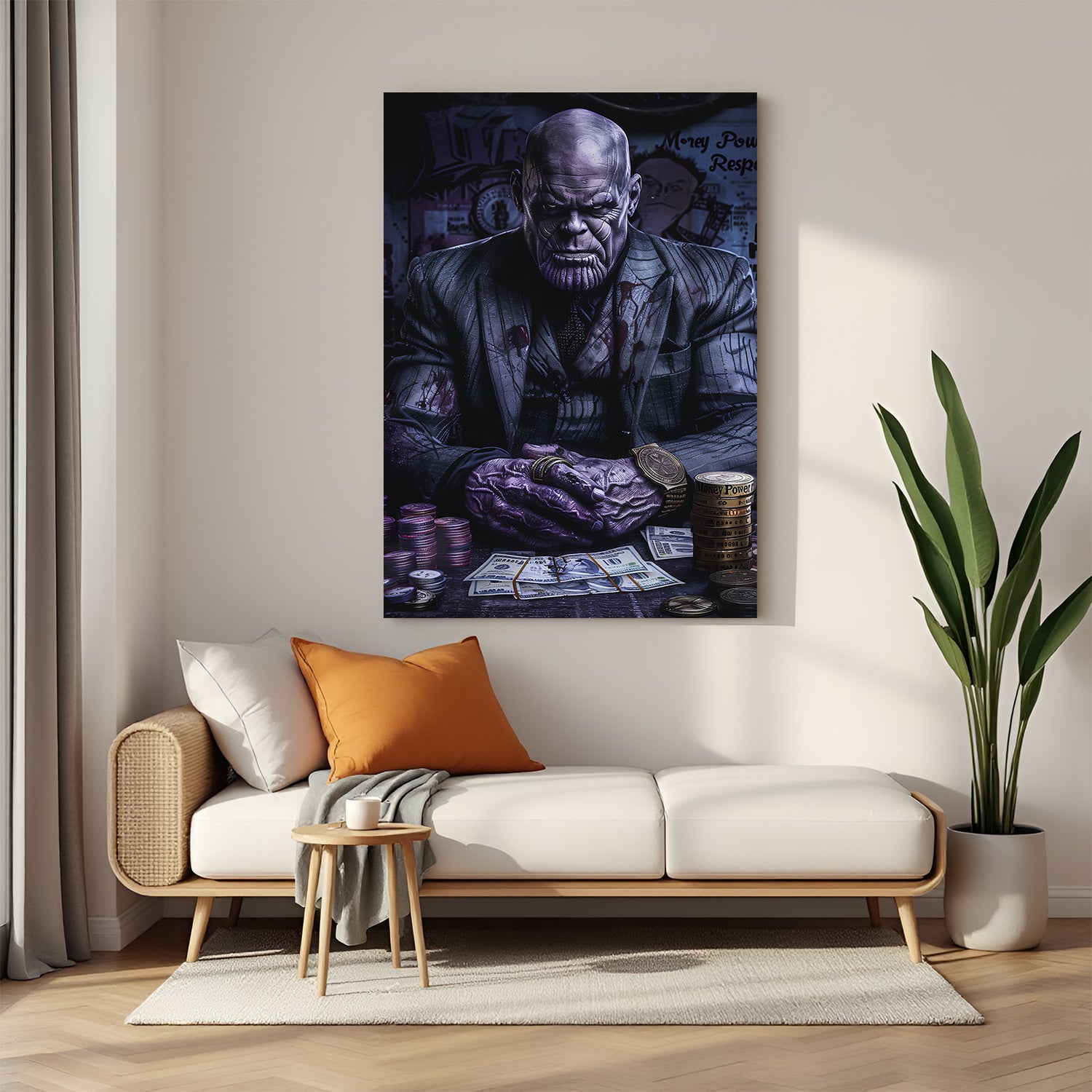 Thanos in gangster style sitting with money stacks on a table, modern painted canvas art blending superhero culture and street attitude