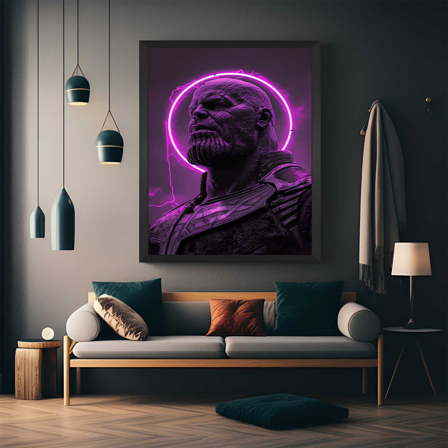 Framed Thanos artwork with bold purple color effect in modern art style, perfect for fans of superhero and pop culture decor