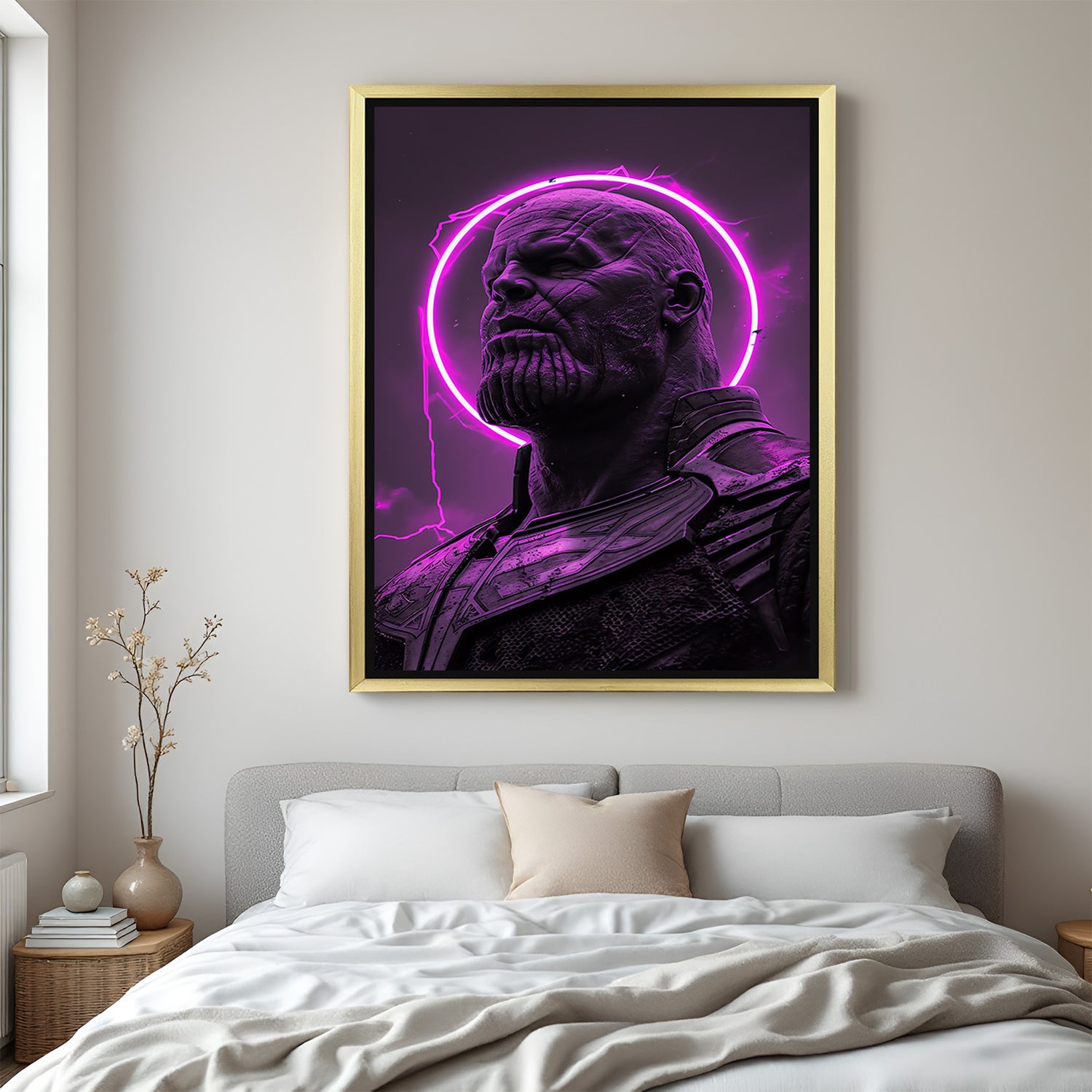 Golden framed Thanos canvas print with purple abstract design, adding cosmic power and style to modern living spaces or media rooms
