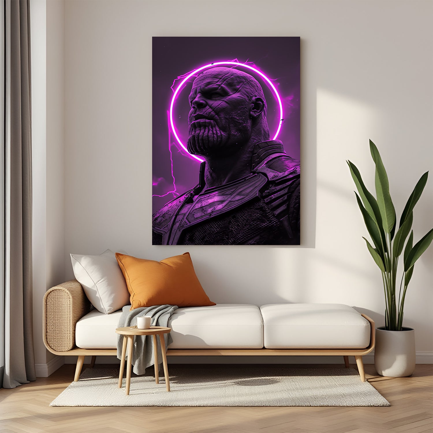 Thanos modern art canvas in abstract purple tones, showcasing the iconic villain in a powerful and artistic painted style for bold wall decor