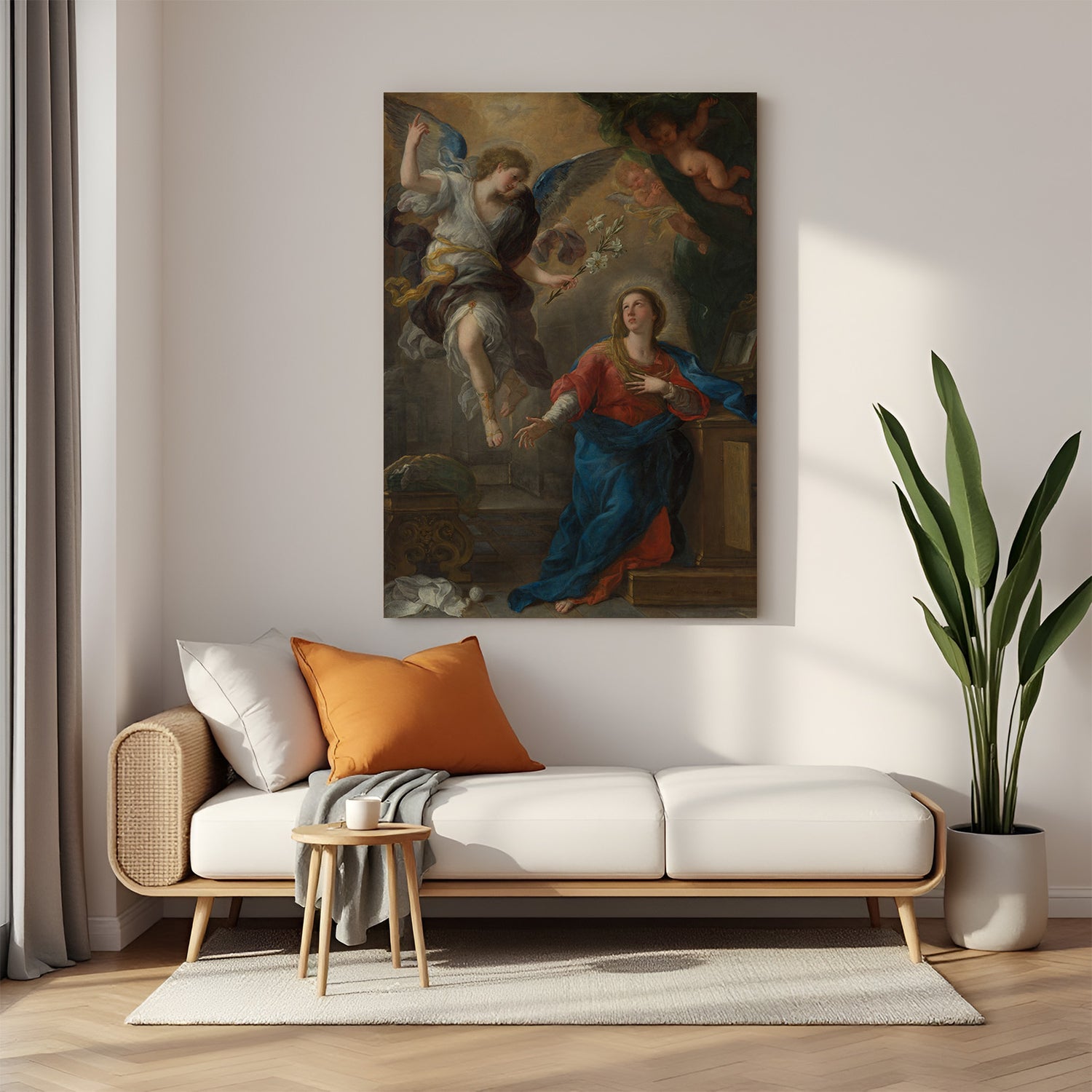 Vintage canvas wall art of The Annunciation by Luca Giordano—angel and Mary in ancient-style religious decor