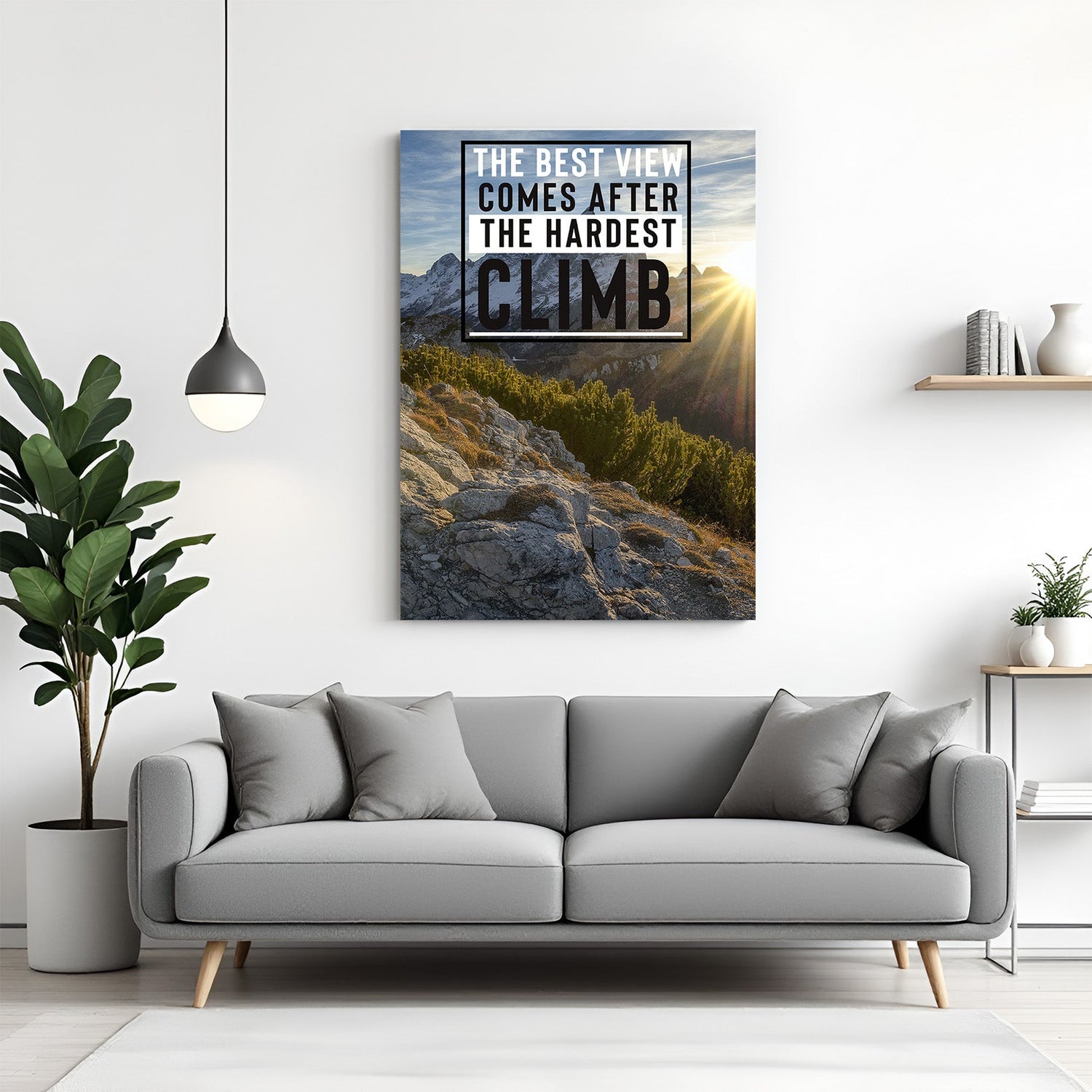 Motivational canvas wall art with “The best view comes from the hardest climb” quote for home and office decor