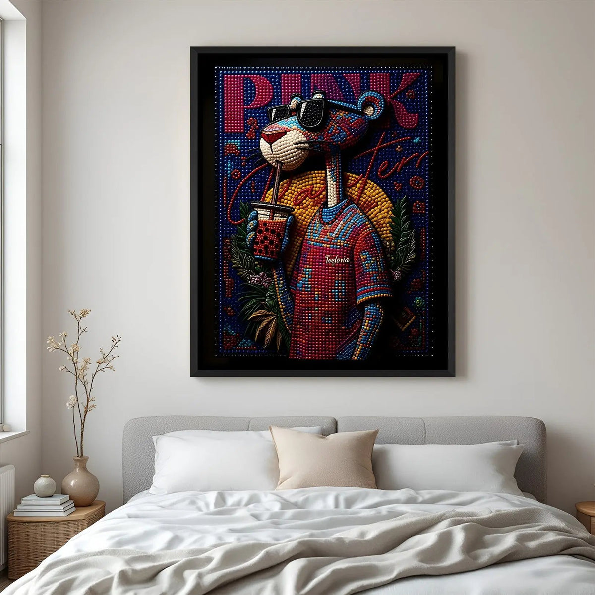 Pink Panther cartoon artwork in elegant black floater frame with modern and playful character design