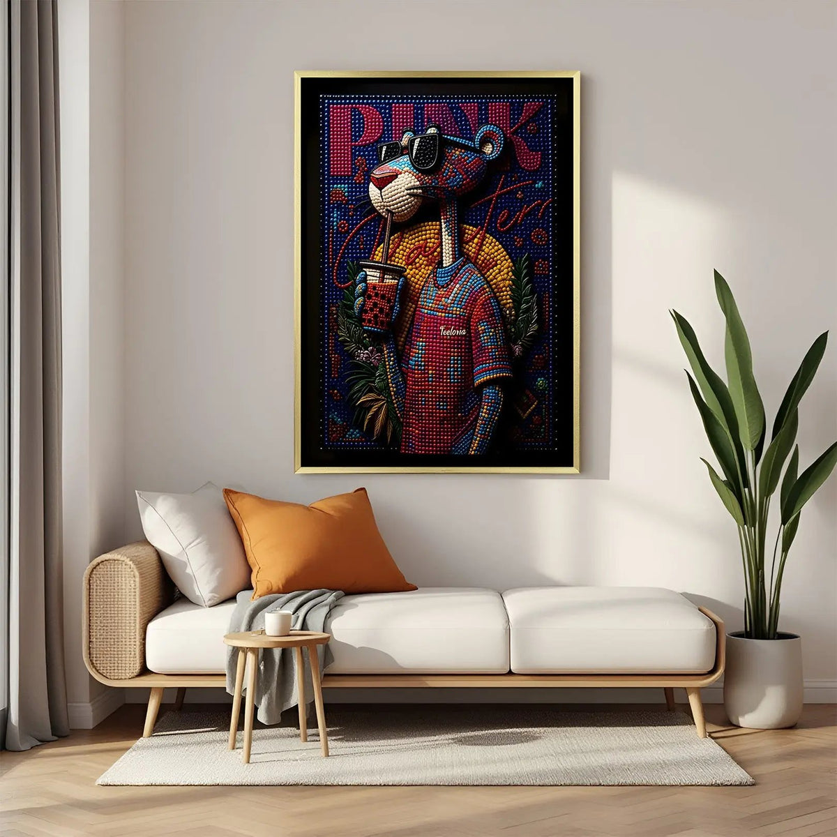 Luxury Pink Panther canvas artwork in golden floater frame featuring iconic cartoon character decor