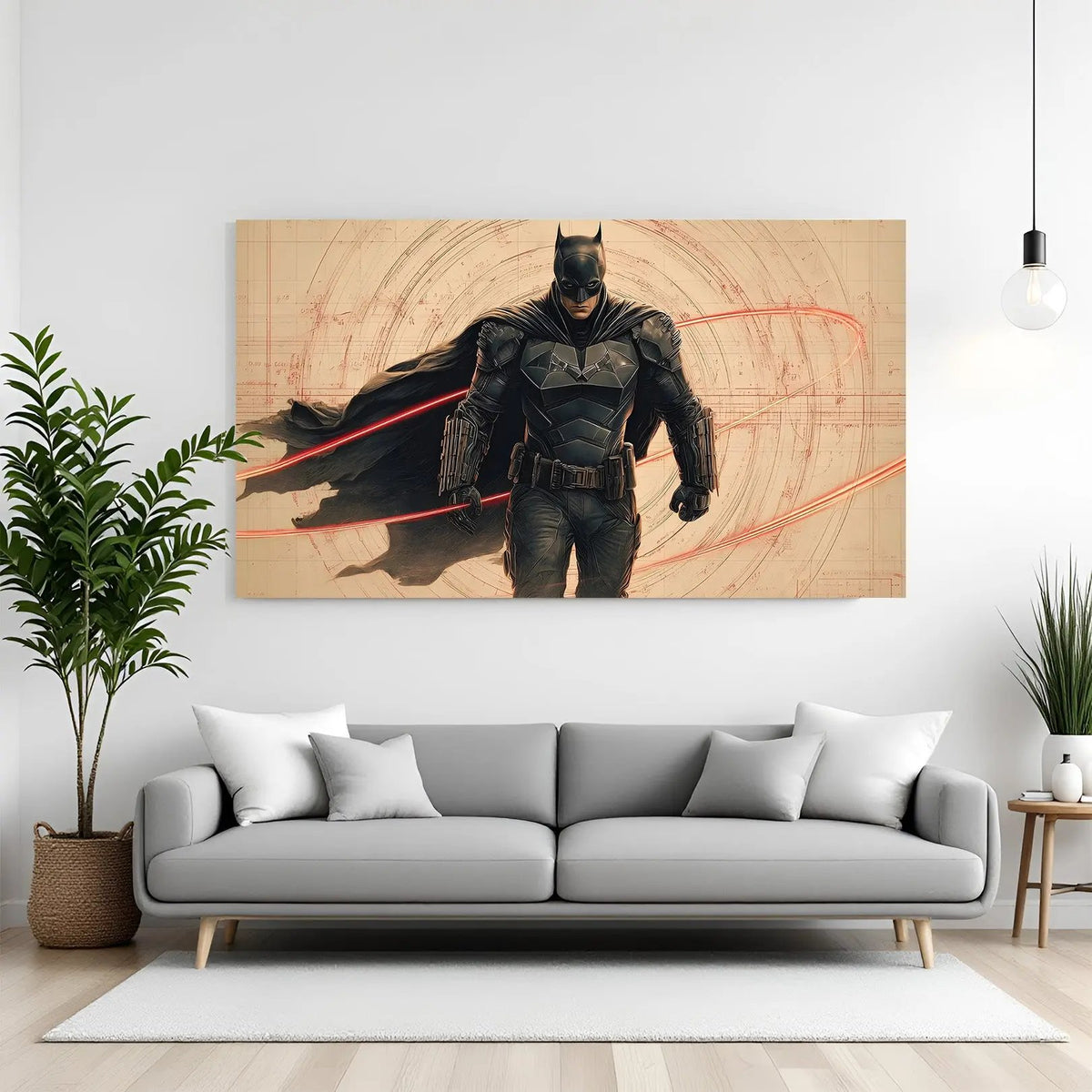 Batman modern canvas wall art featuring a powerful walking pose in premium canvas wrapped frame