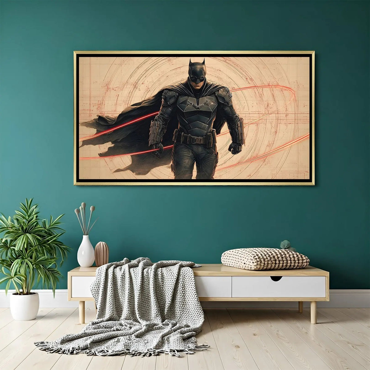 Luxury Batman canvas artwork in golden floater frame featuring modern superhero aesthetics and dynamic energy trails