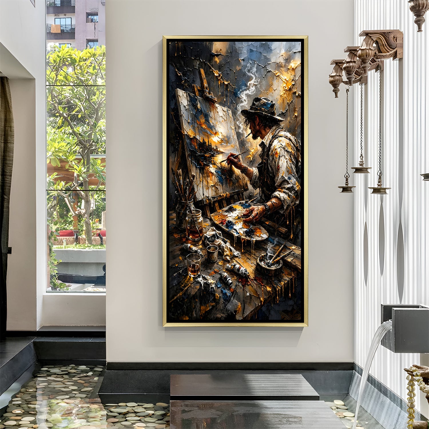 Artist making painting modern canvas artwork in wooden frame perfect for creative and artistic interiors