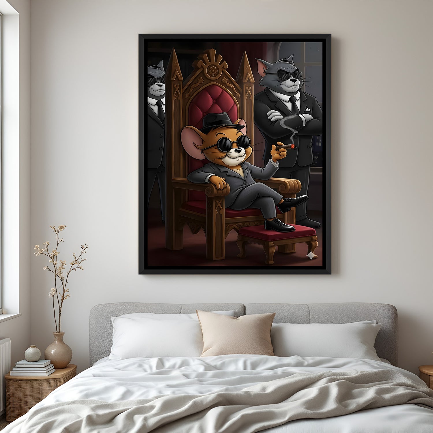 Tom and Jerry gangster boss artwork in elegant black floater frame featuring luxury mafia-inspired cartoon design