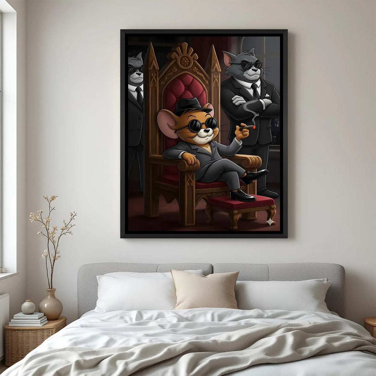 Tom and Jerry gangster boss artwork in elegant black floater frame featuring luxury mafia-inspired cartoon design
