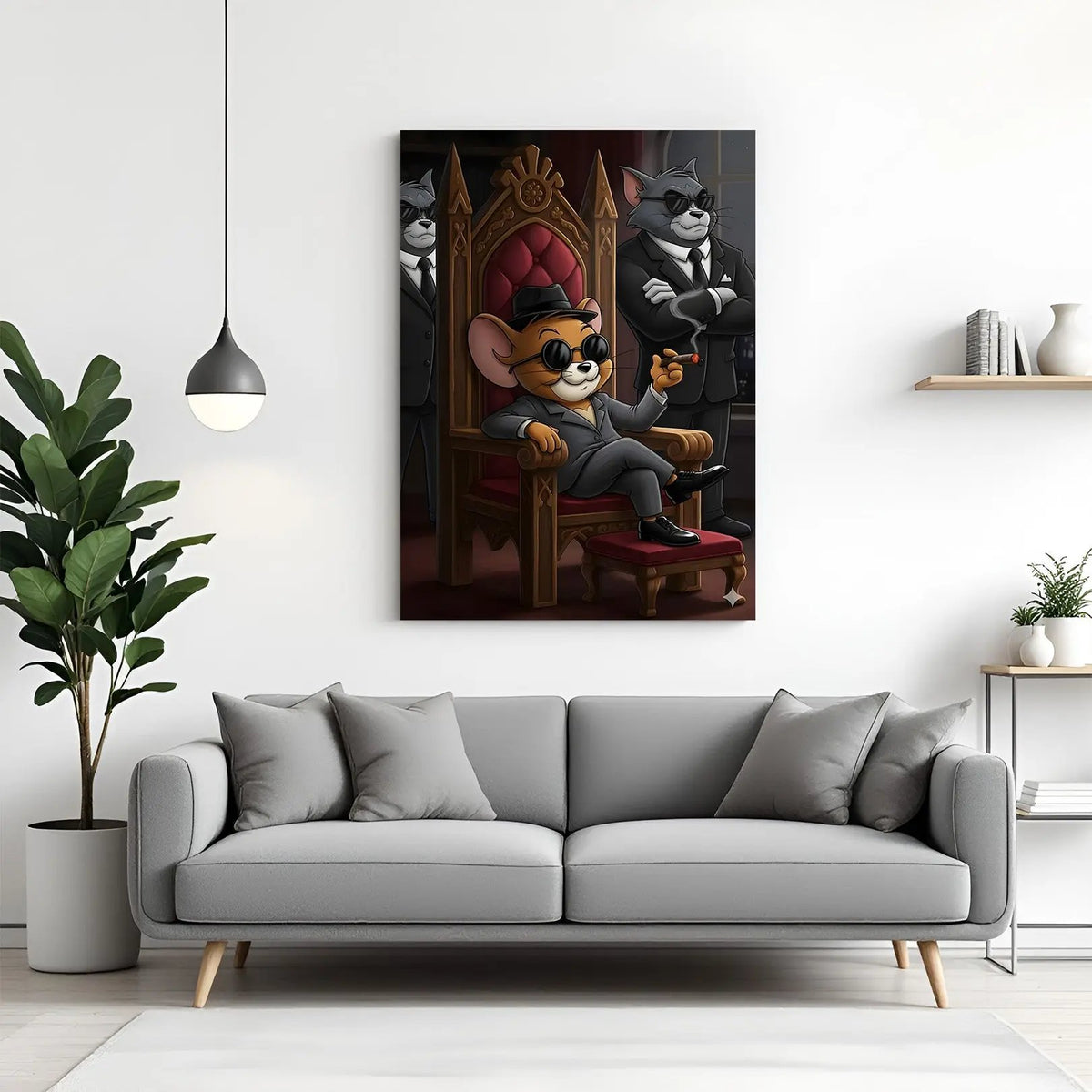 Jerry sitting like a boss with Tom as bodyguard in gangster outfits canvas wall art in premium wrapped frame