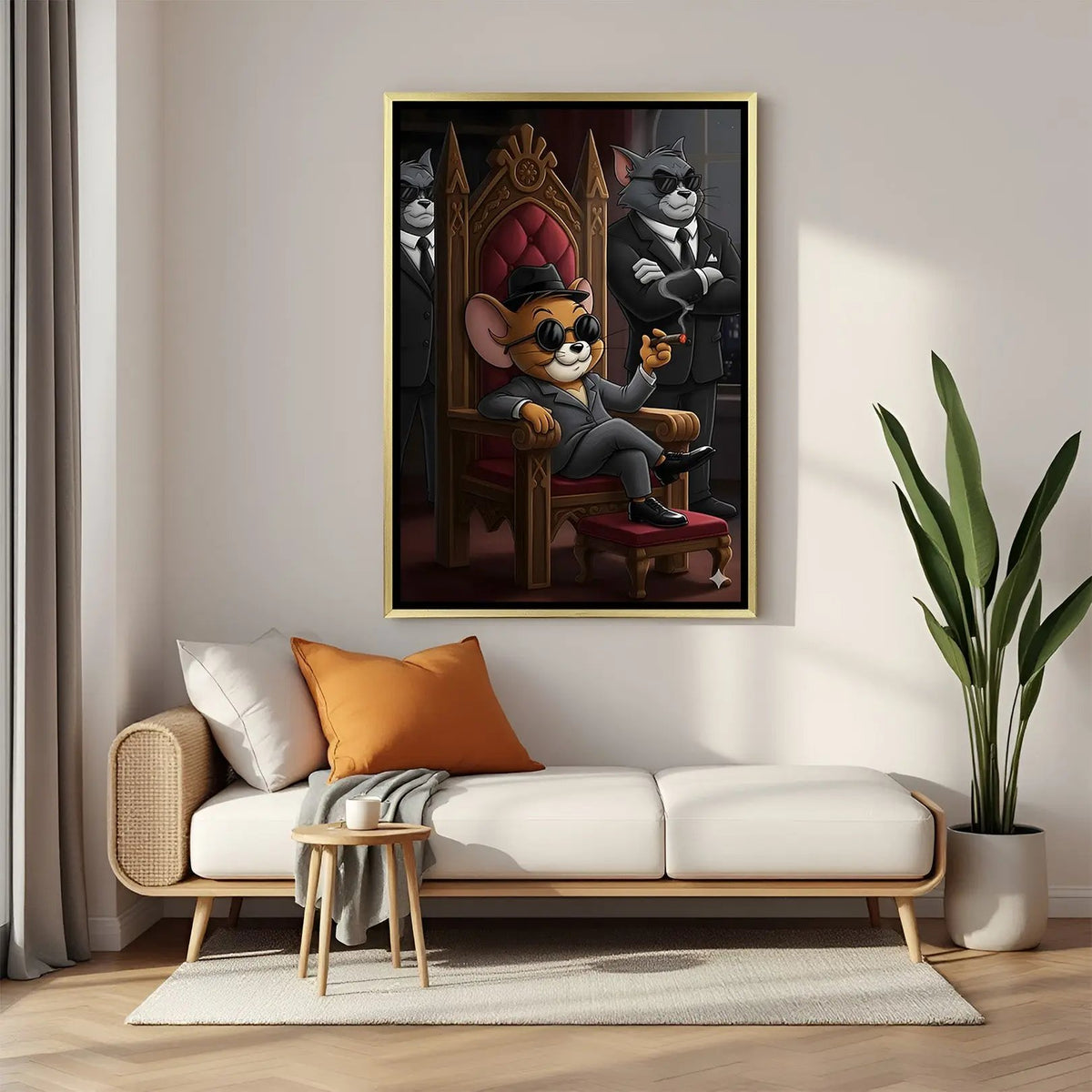 Luxury Tom and Jerry gangster canvas artwork in golden floater frame with Jerry boss chair and Tom bodyguard theme