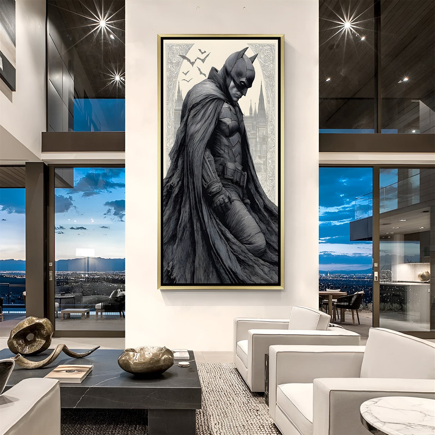 Luxury Batman emotional portrait canvas artwork in golden floater frame featuring a reflective superhero profile