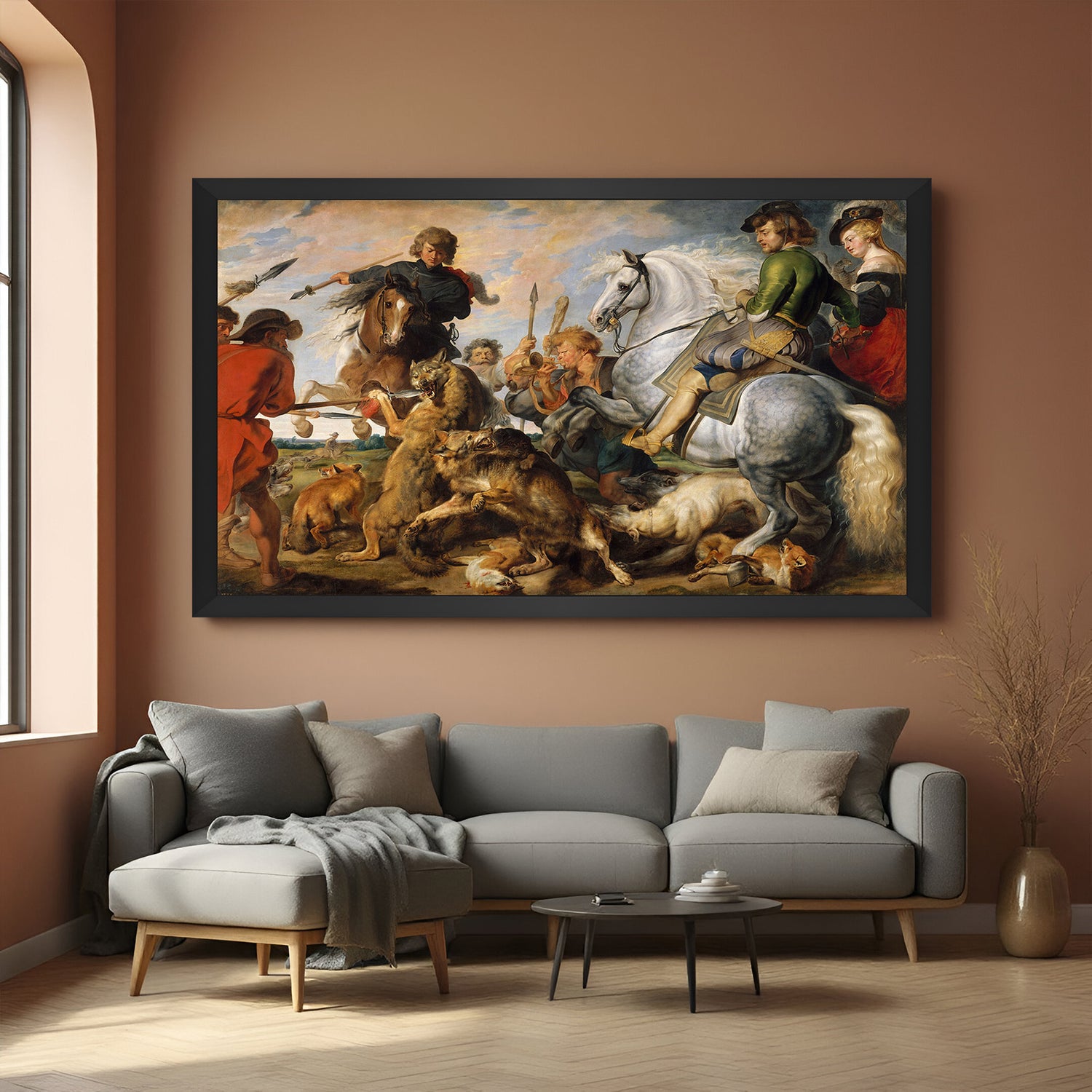 Black-framed canvas printed wall art of The Wolf and Fox Hunt—vintage baroque wall art with aristocratic charm