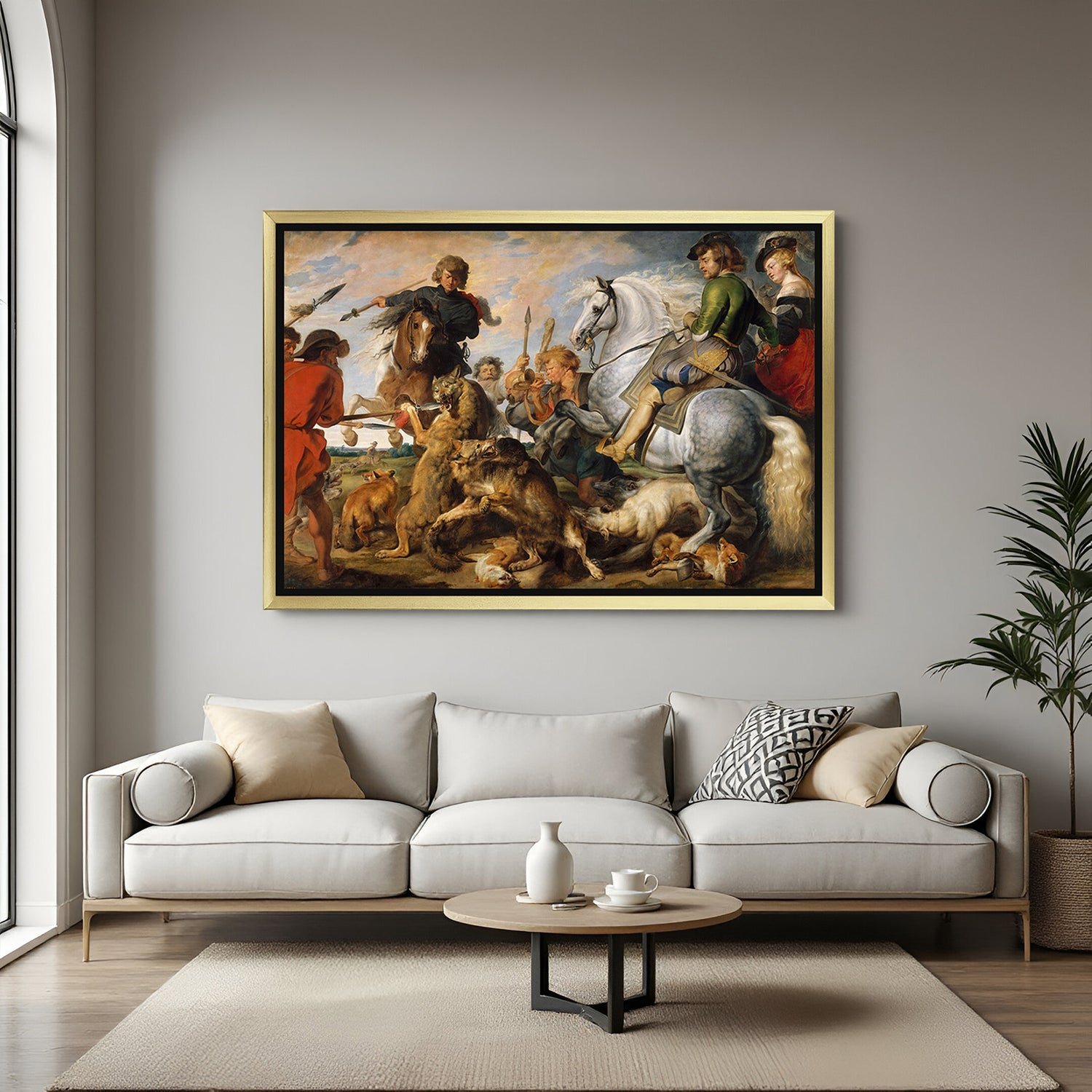 Golden-framed ancient-style hunting artwork—The Wolf and Fox Hunt vintage canvas for bold and classic interiors