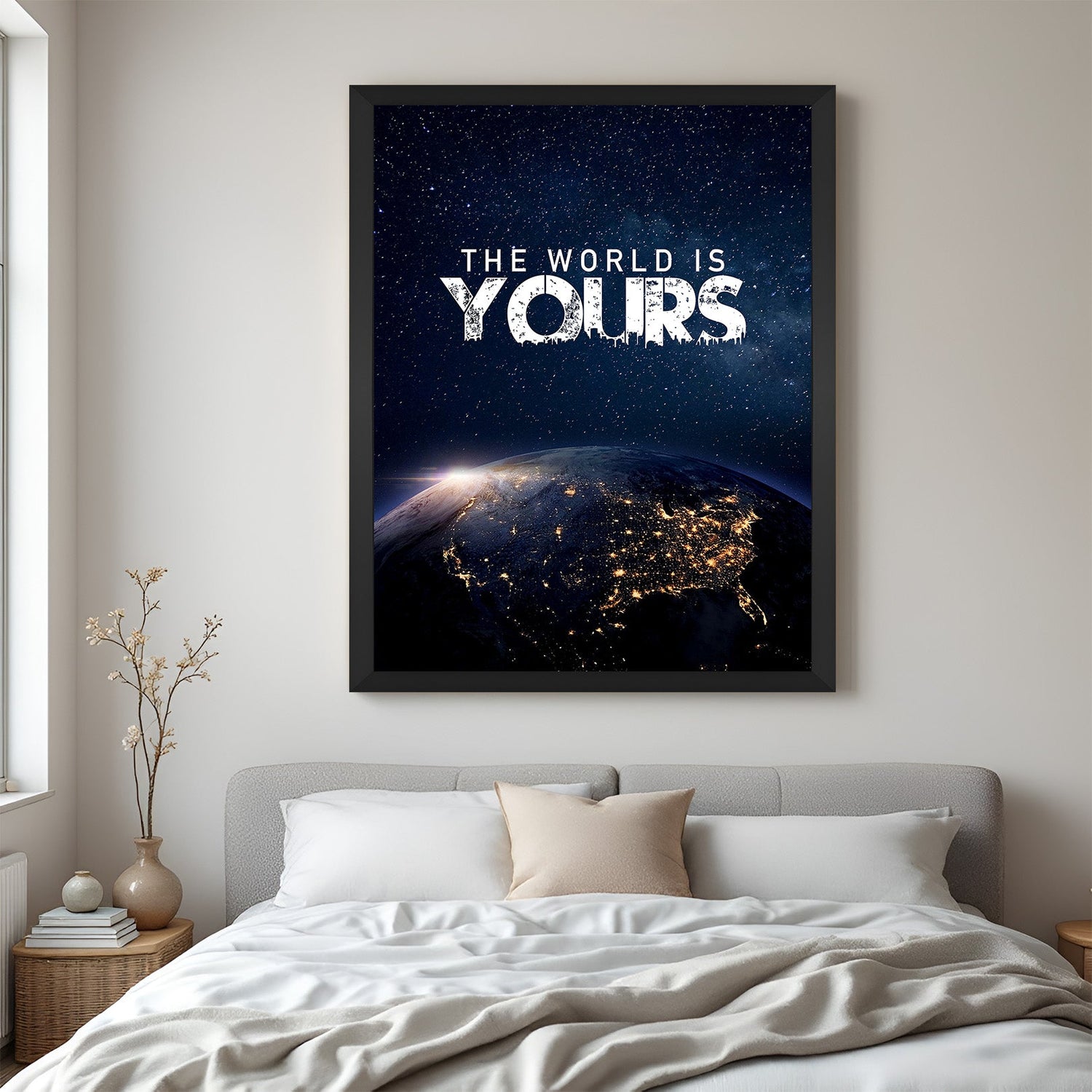 The World Is Yours motivational canvas wall art with black floater frame