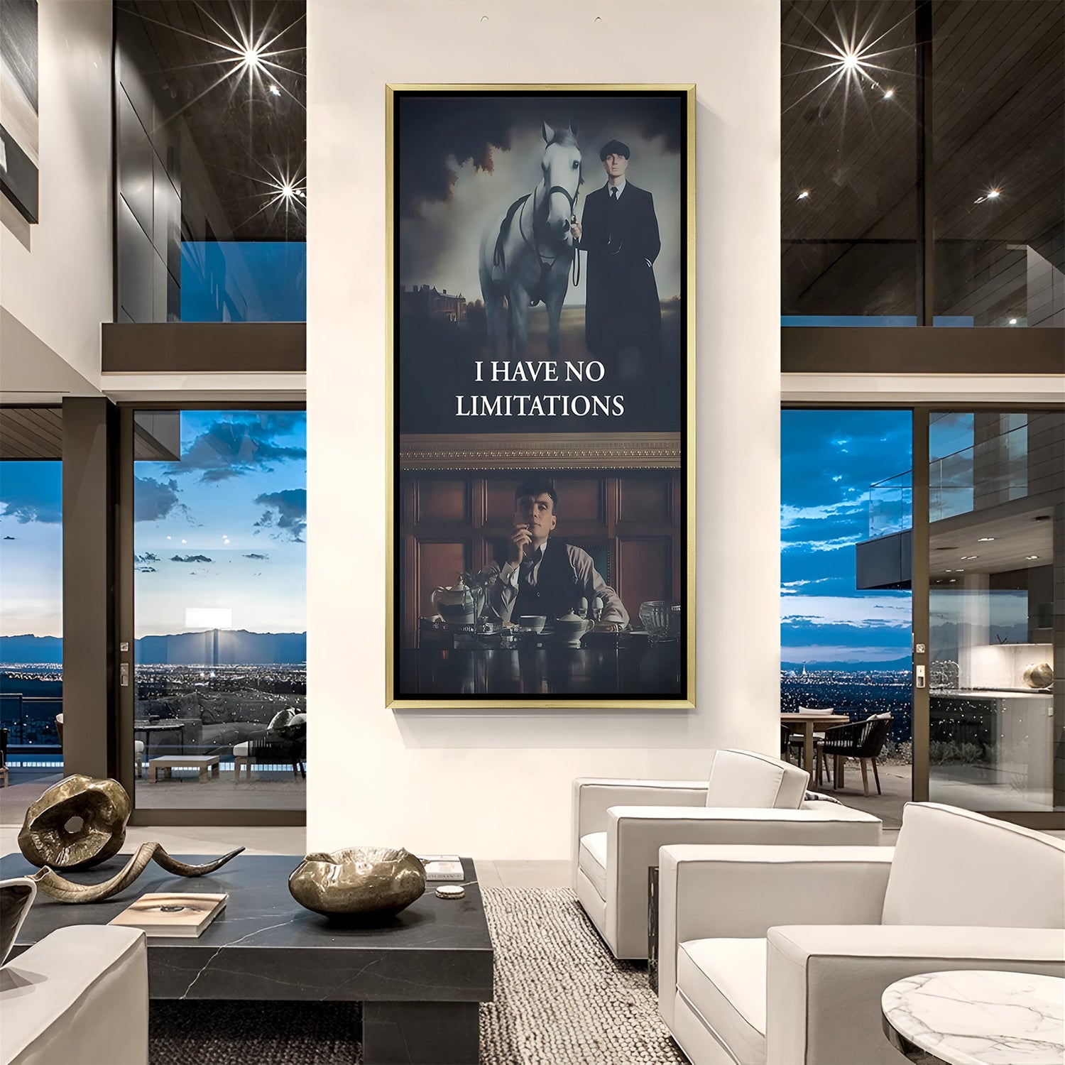 Thomas Shelby white horse artwork in golden floater frame luxury cinematic wall decor