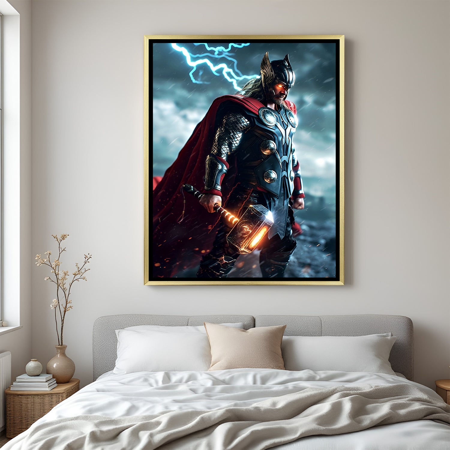 Thor artwork in hammered metal frame – authentic Marvel Norse mythology decor