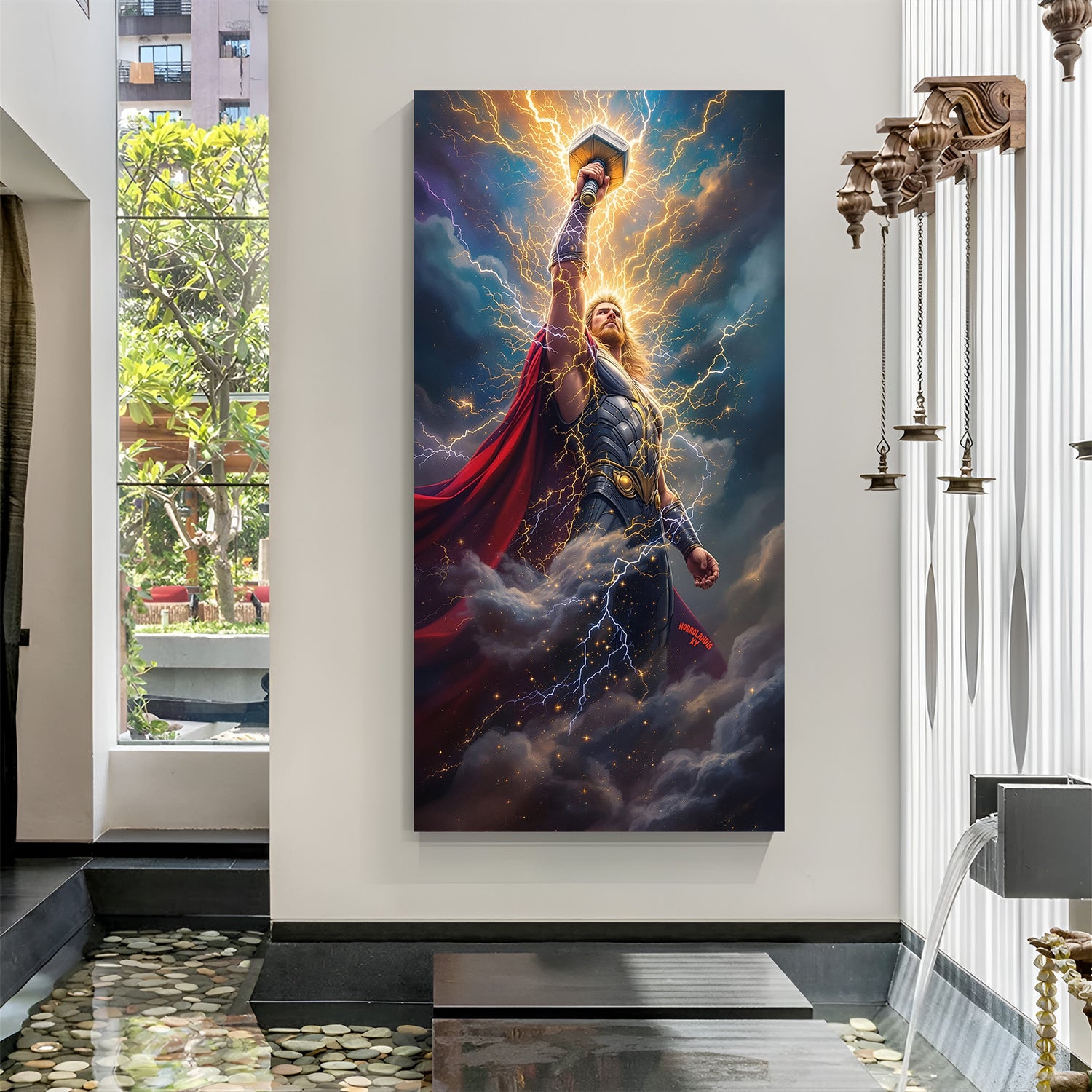 Thor lifting hammer with lightning in background, powerful canvas wall art for superhero fans