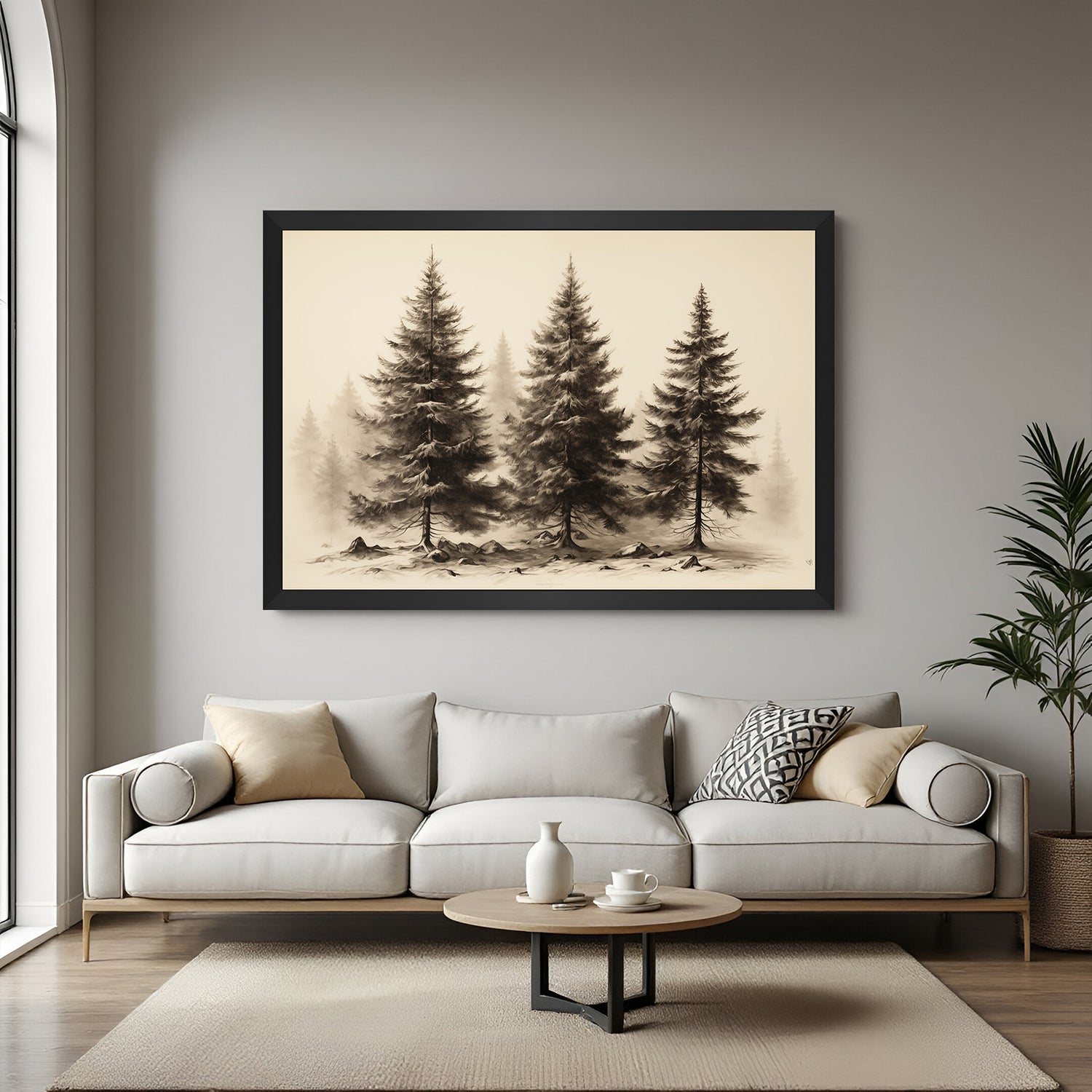 Black-framed minimalist canvas with three trees and faded trees in back—rustic vintage decor