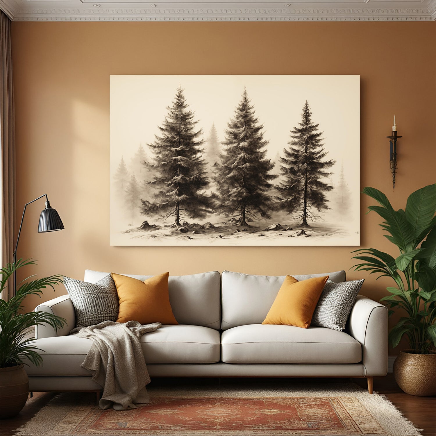Black and white vintage wall art of three trees with faint forest behind—aged and rustic scene