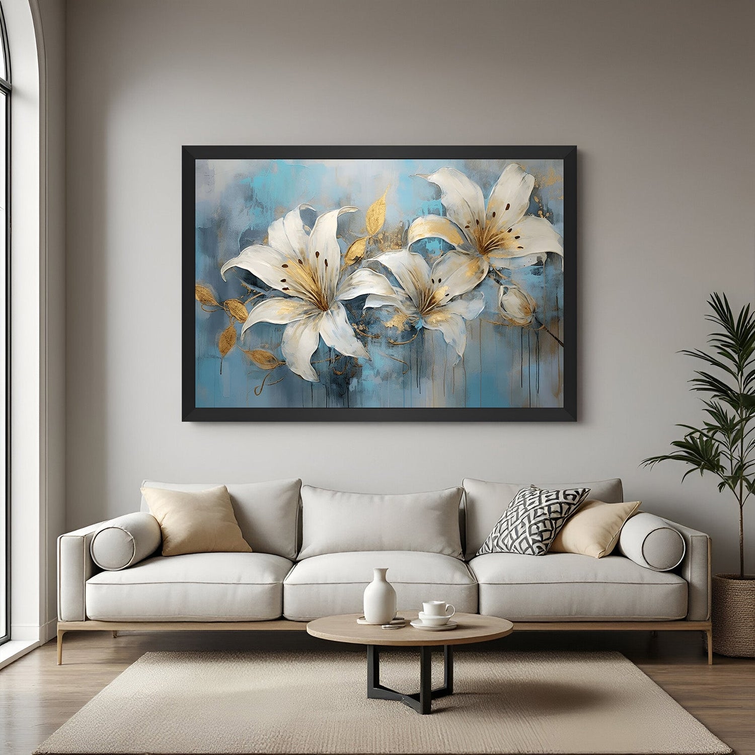 Framed wall art of 3 white abstract flowers in black floater frame for minimal and elegant homes
