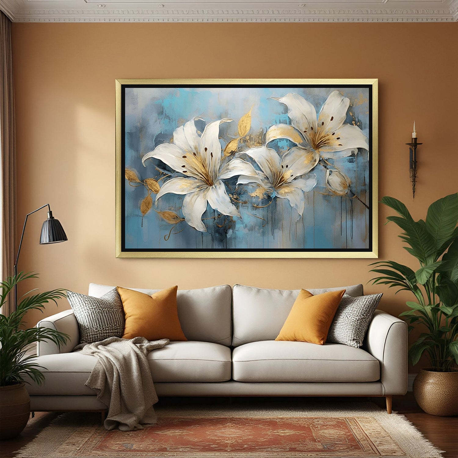 Golden-framed abstract flower wall art with three white blossoms for peaceful interiors