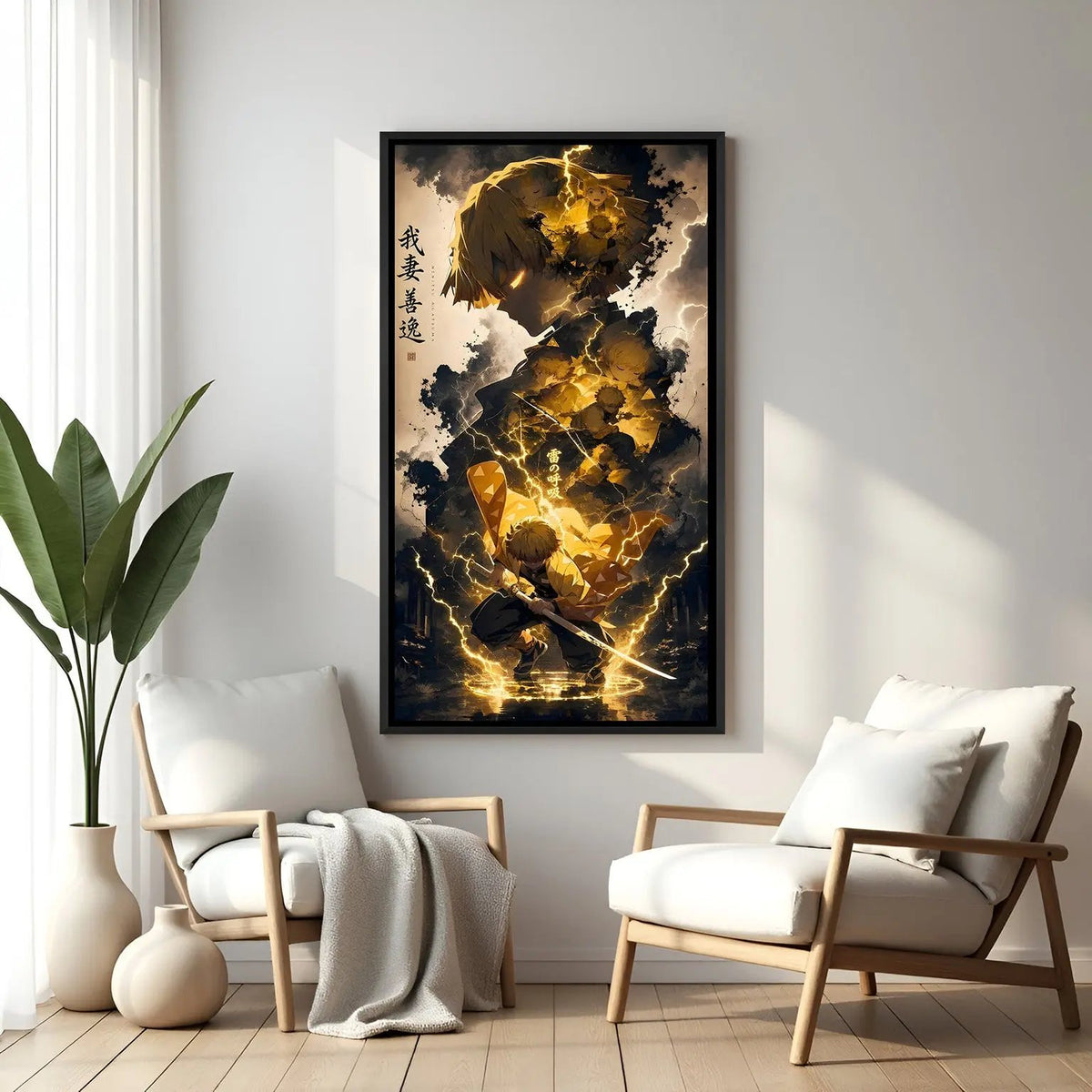 Zenitsu anime lightning artwork in elegant black floater frame featuring dramatic thunder-inspired design