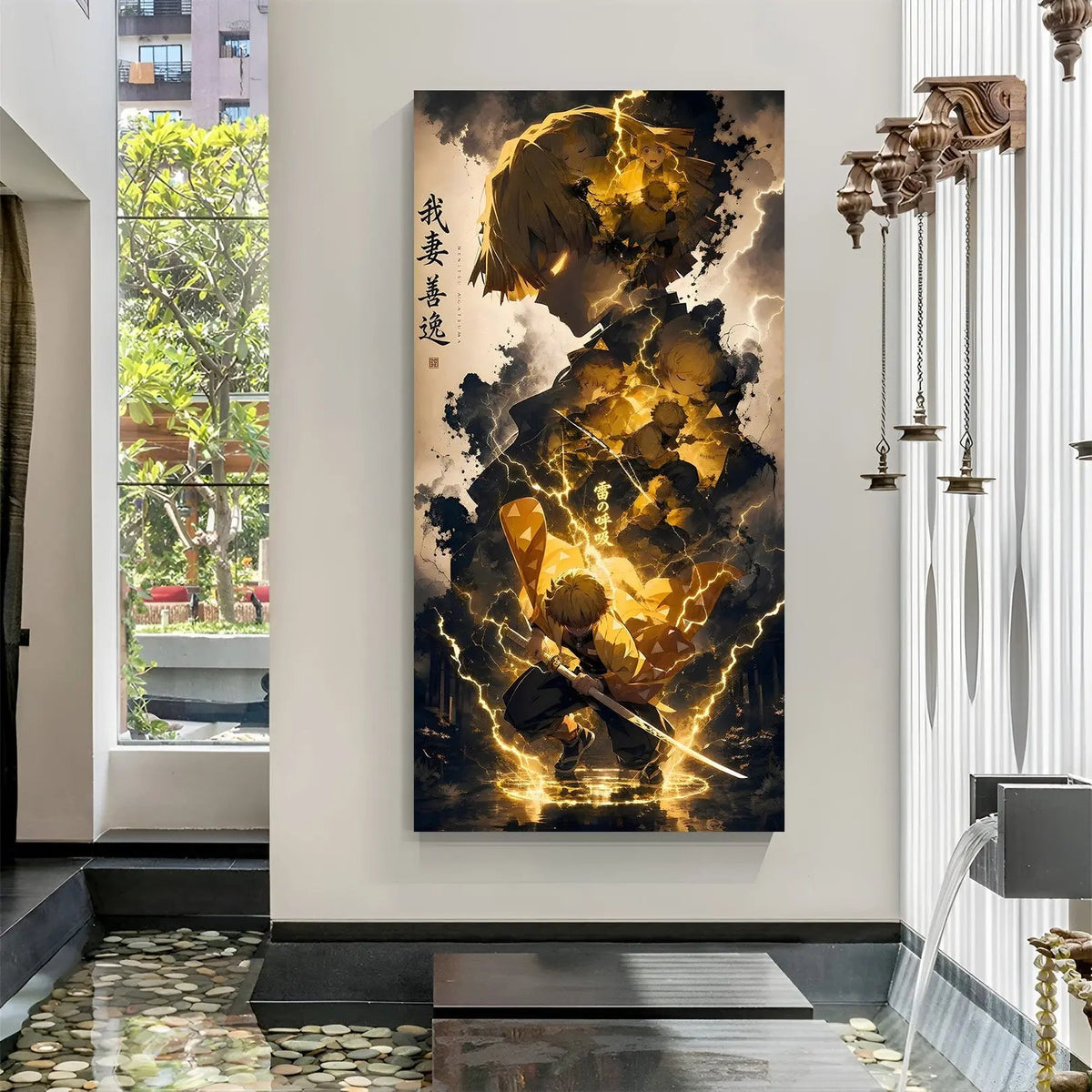Zenitsu Agatsuma anime canvas wall art with golden lightning effects in premium canvas wrapped frame