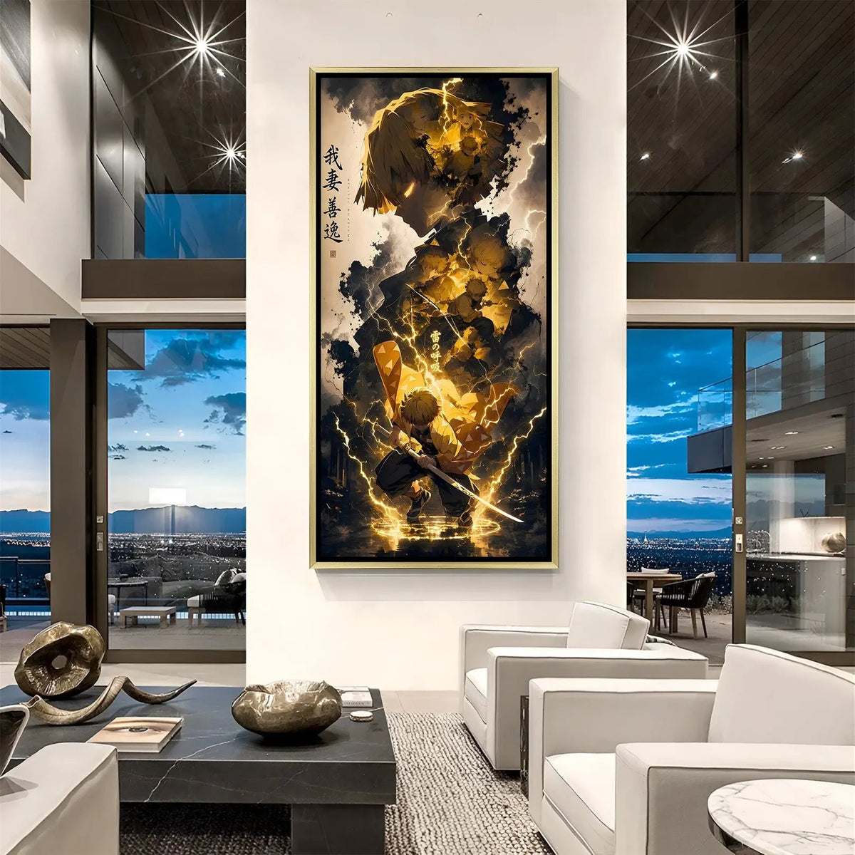 Luxury Zenitsu Agatsuma canvas artwork in golden floater frame with powerful lightning and anime battle aesthetic