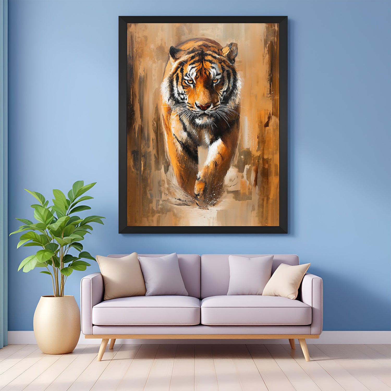 Bold tiger canvas painting with black floater frame, perfect for office or home decor that embodies leadership and fierce personality