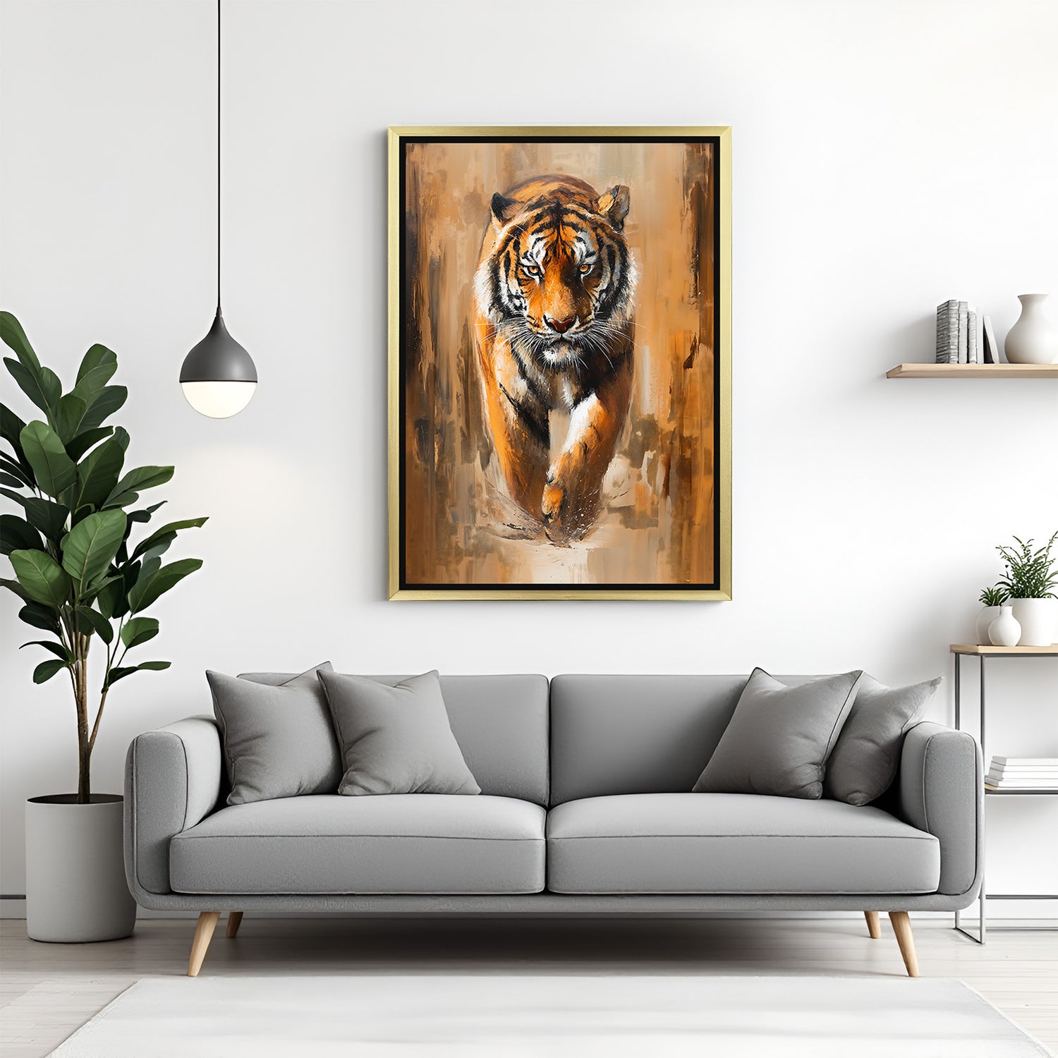 Painted tiger artwork in golden floater frame, symbolic of strength and courage for high-impact interior styling