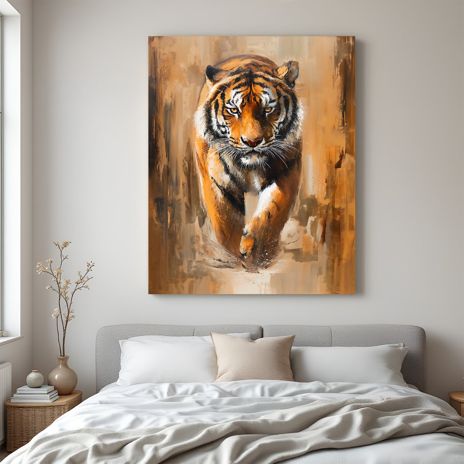 Tiger face canvas wall art on black background, painted style representing fearlessness and power, ideal for bold and modern interiors