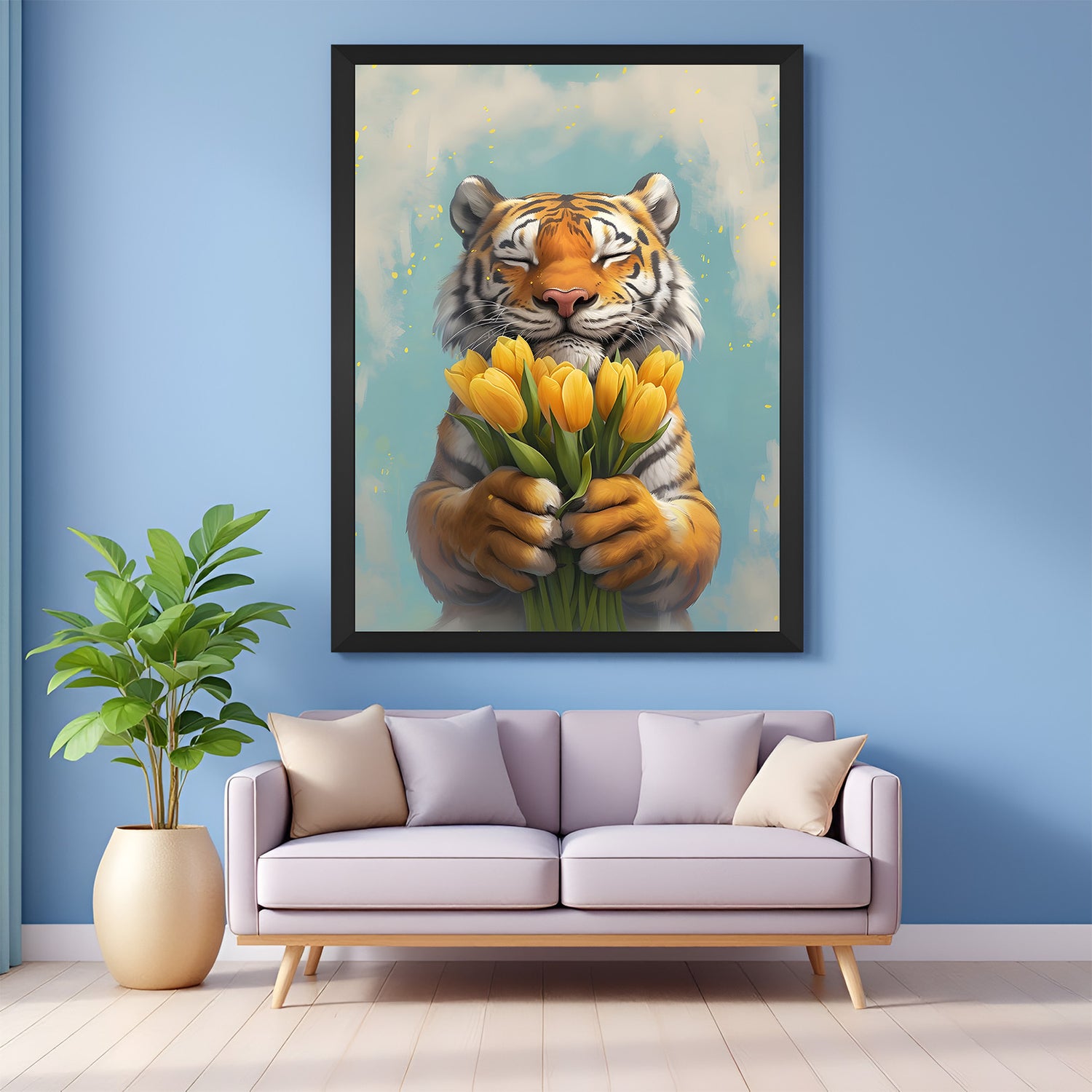 Adorable tiger offering flower canvas painting in black floater frame, ideal for playful and modern animal-themed wall decor