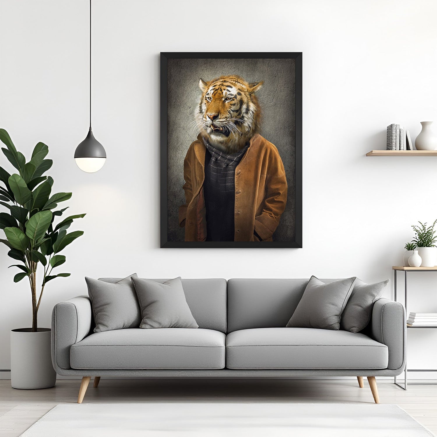 Tiger in winter outfit canvas with black floater frame, ideal for creative offices and interiors that reflect style, strength, and confidence