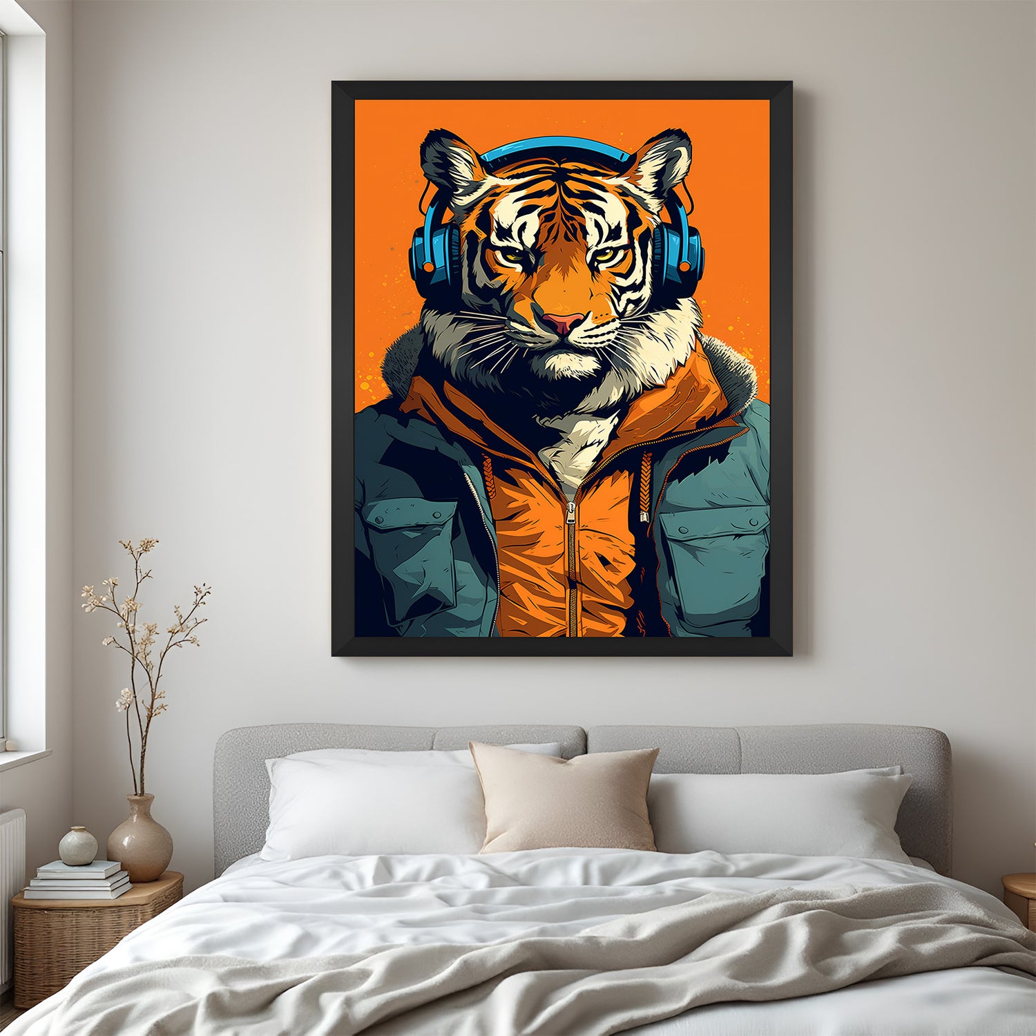 Trendy canvas painting of a headphone-wearing tiger in black floater frame, great for adding urban attitude to contemporary and modern interiors
