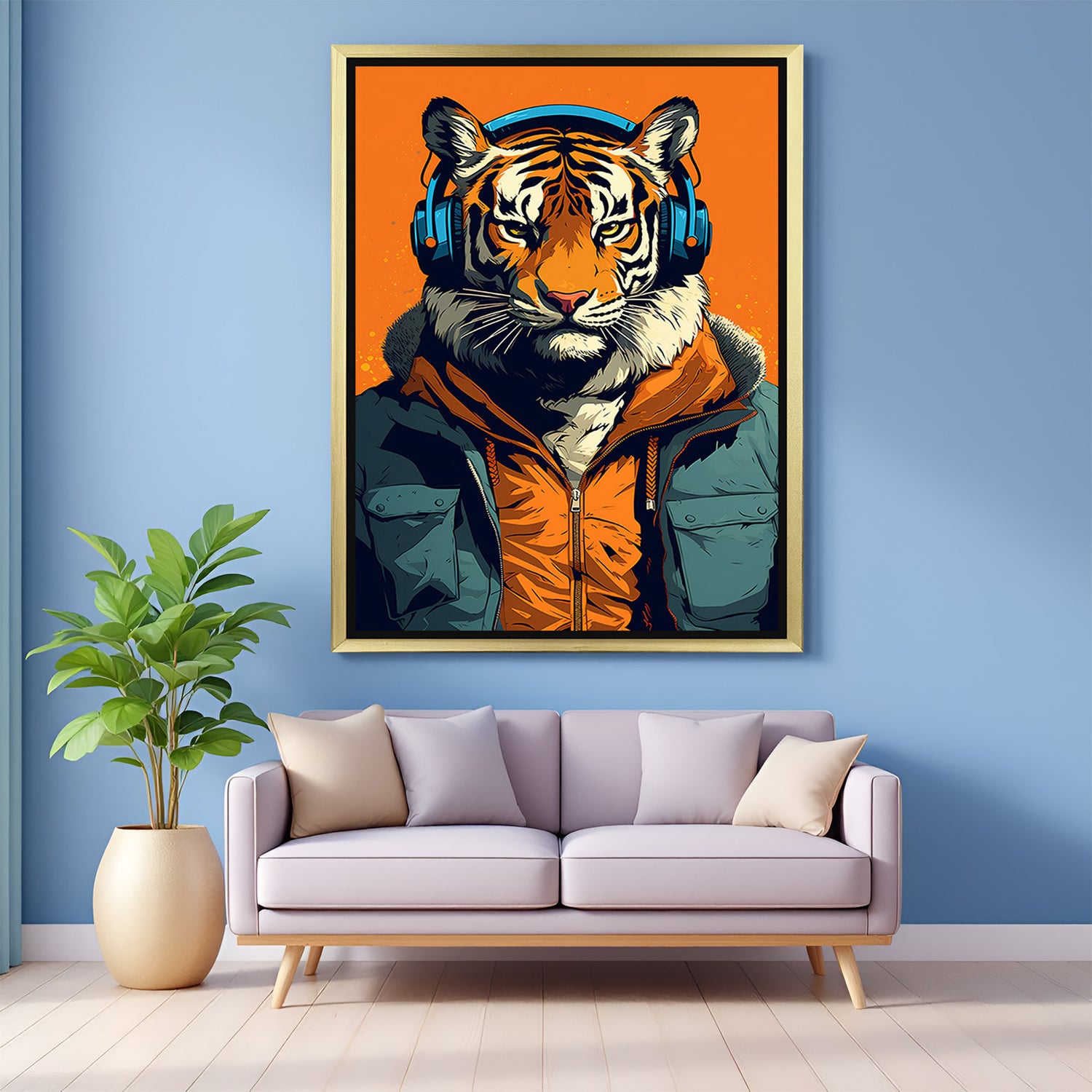 Golden frame animal wall art showing tiger with headphones, a perfect mix of wild energy and modern cool for creative and expressive spaces