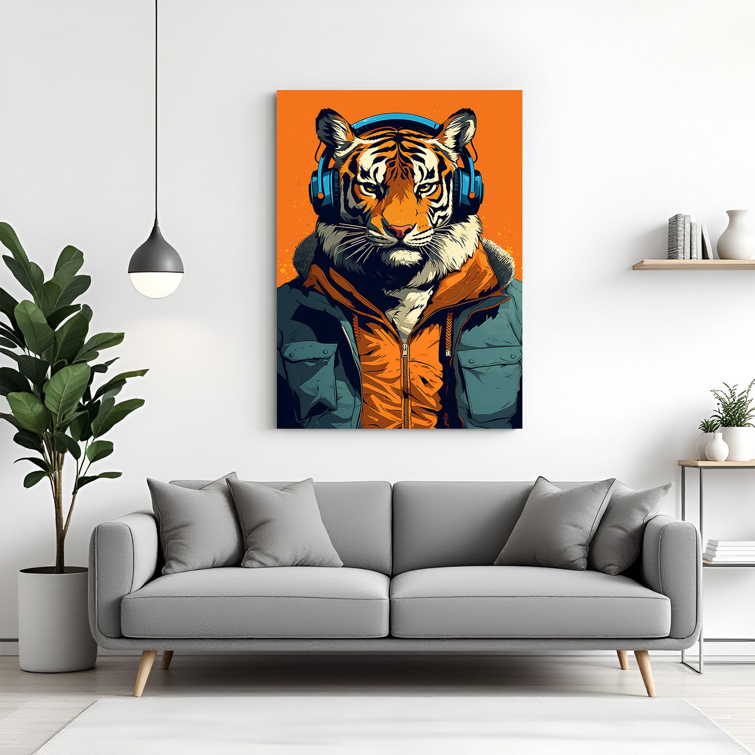 Canvas wall art featuring a fierce tiger wearing stylish headphones, ideal for bold and modern home decor with a touch of edgy animal-inspired design