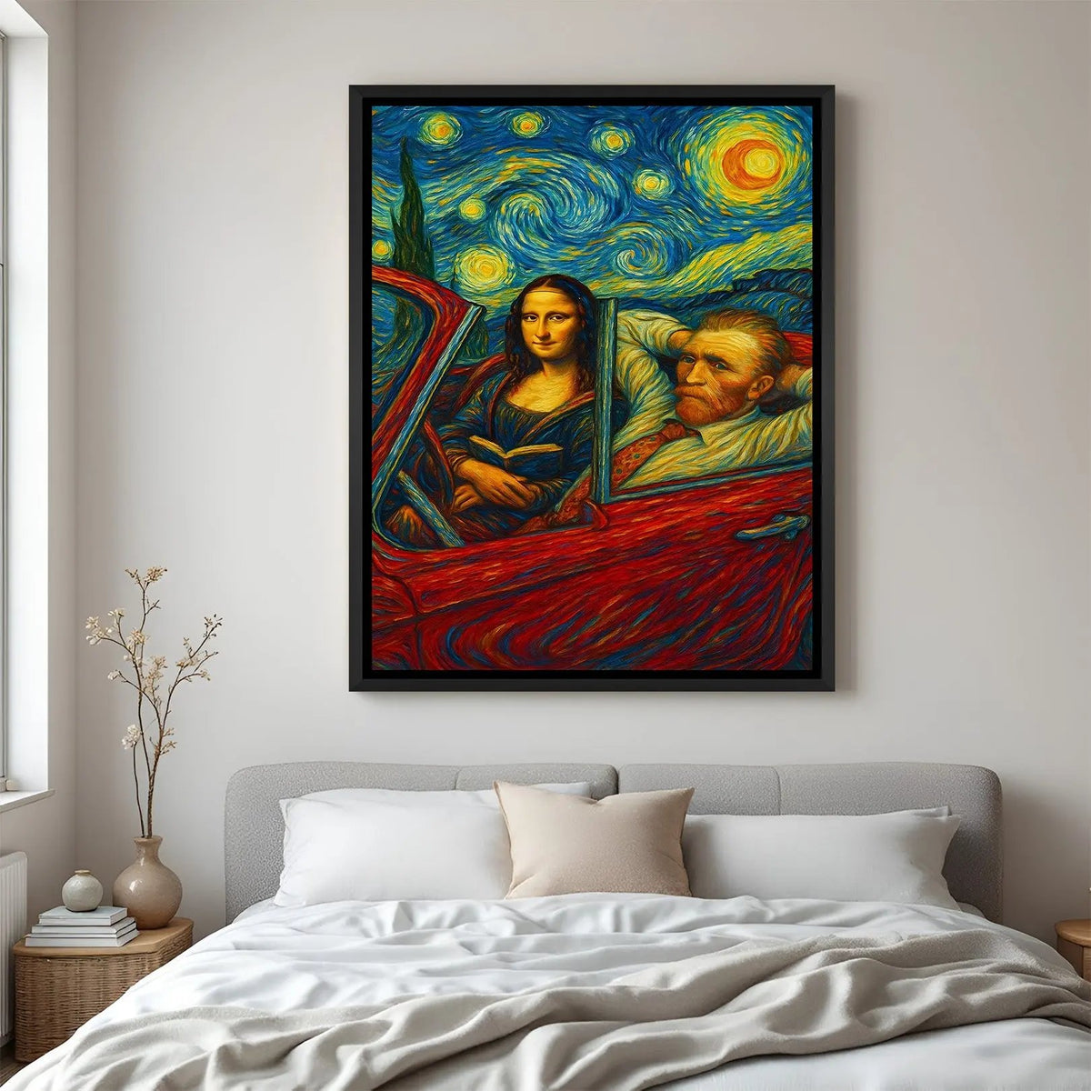 Contemporary art-inspired portrait artwork in elegant black floater frame with colorful expressive textures